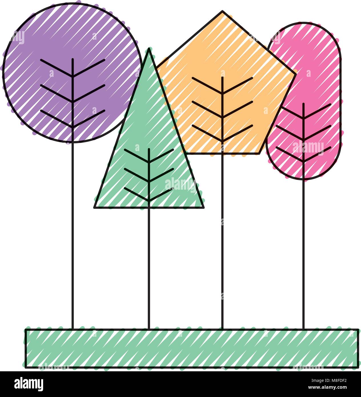 cute geometric trees spring concept vector illustration drawing color ...