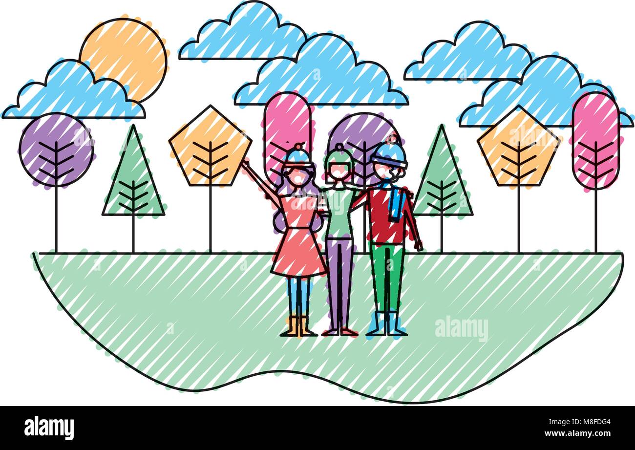 people embraced wearing warm clothes in the natural trees landscape vector illustration drawing color image Stock Vector