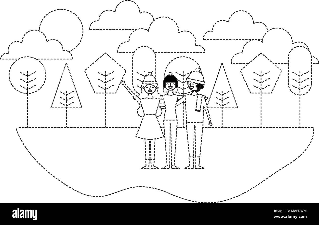people embraced wearing warm clothes in the natural trees landscape vector illustration dotted line image Stock Vector