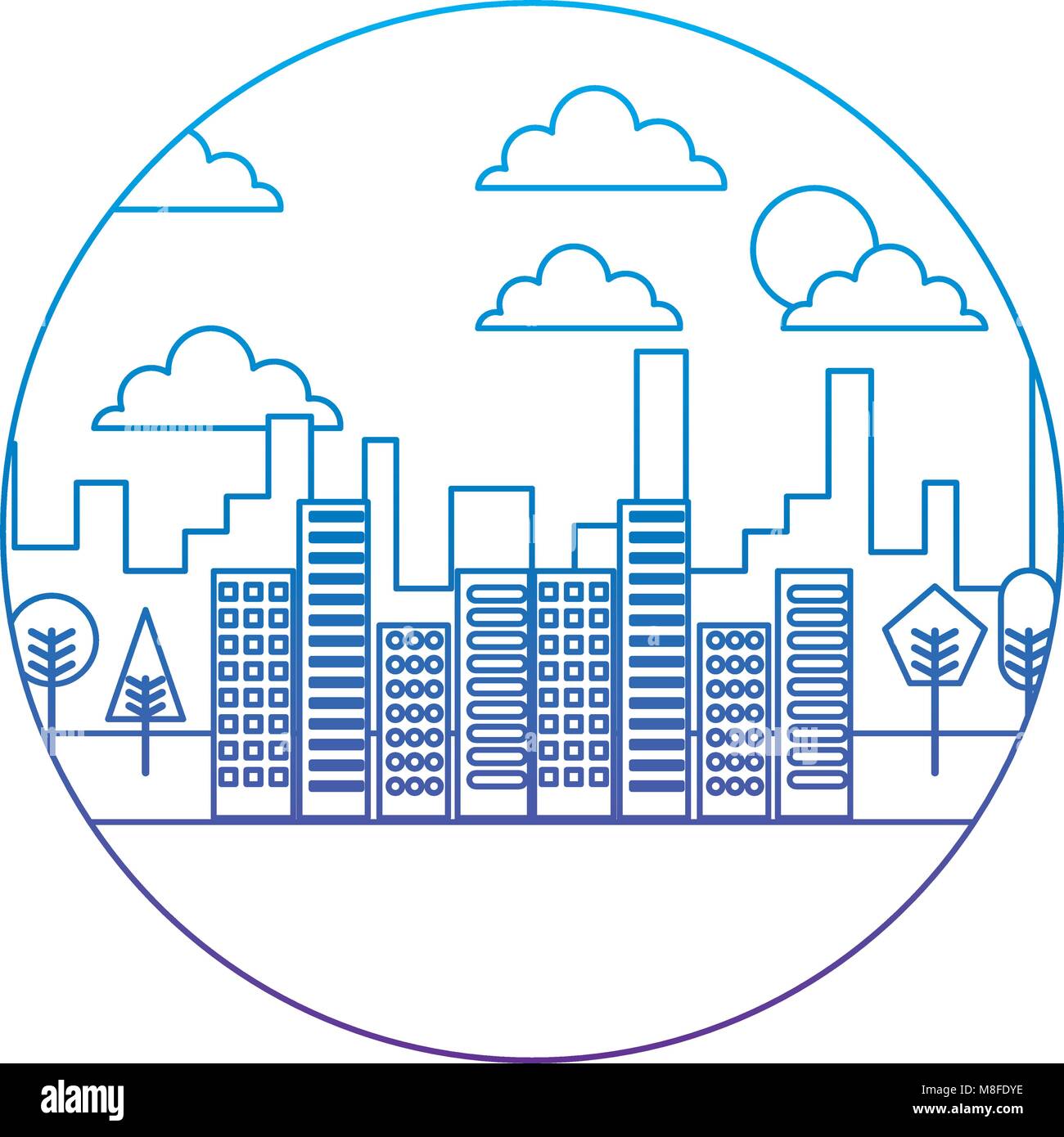 landscape city buildings urban panorama with trees round design vector ...