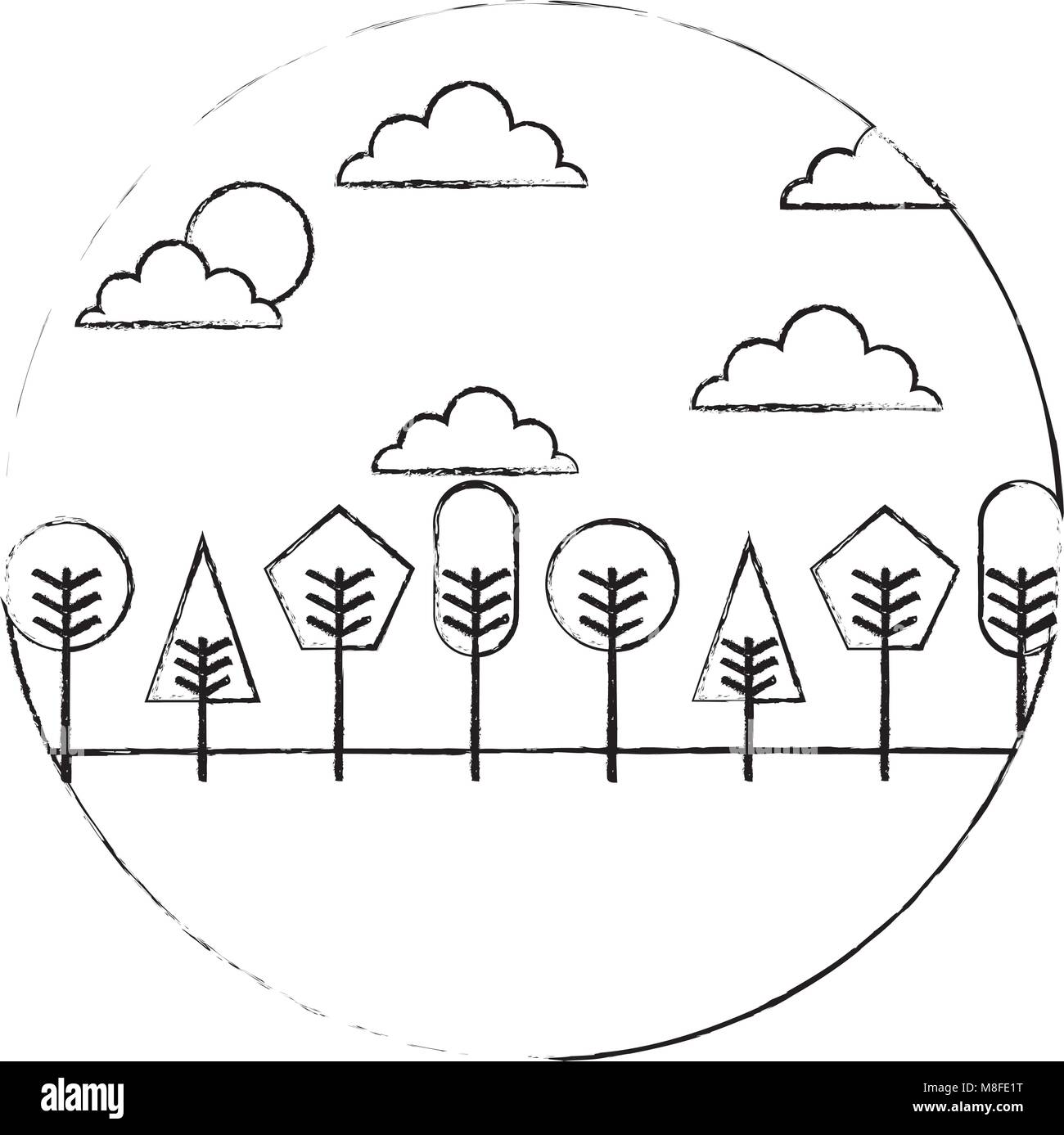 landscape natural trees and clouds with geometrical shape round design