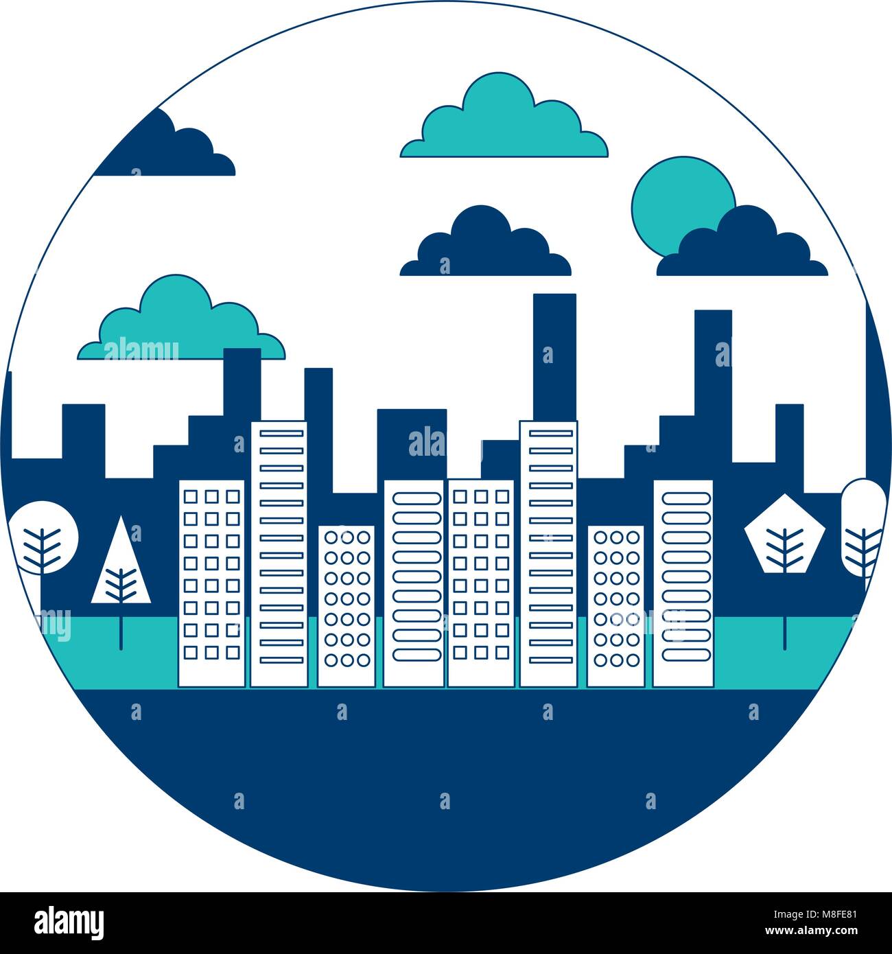 landscape city buildings urban panorama with trees round design vector ...