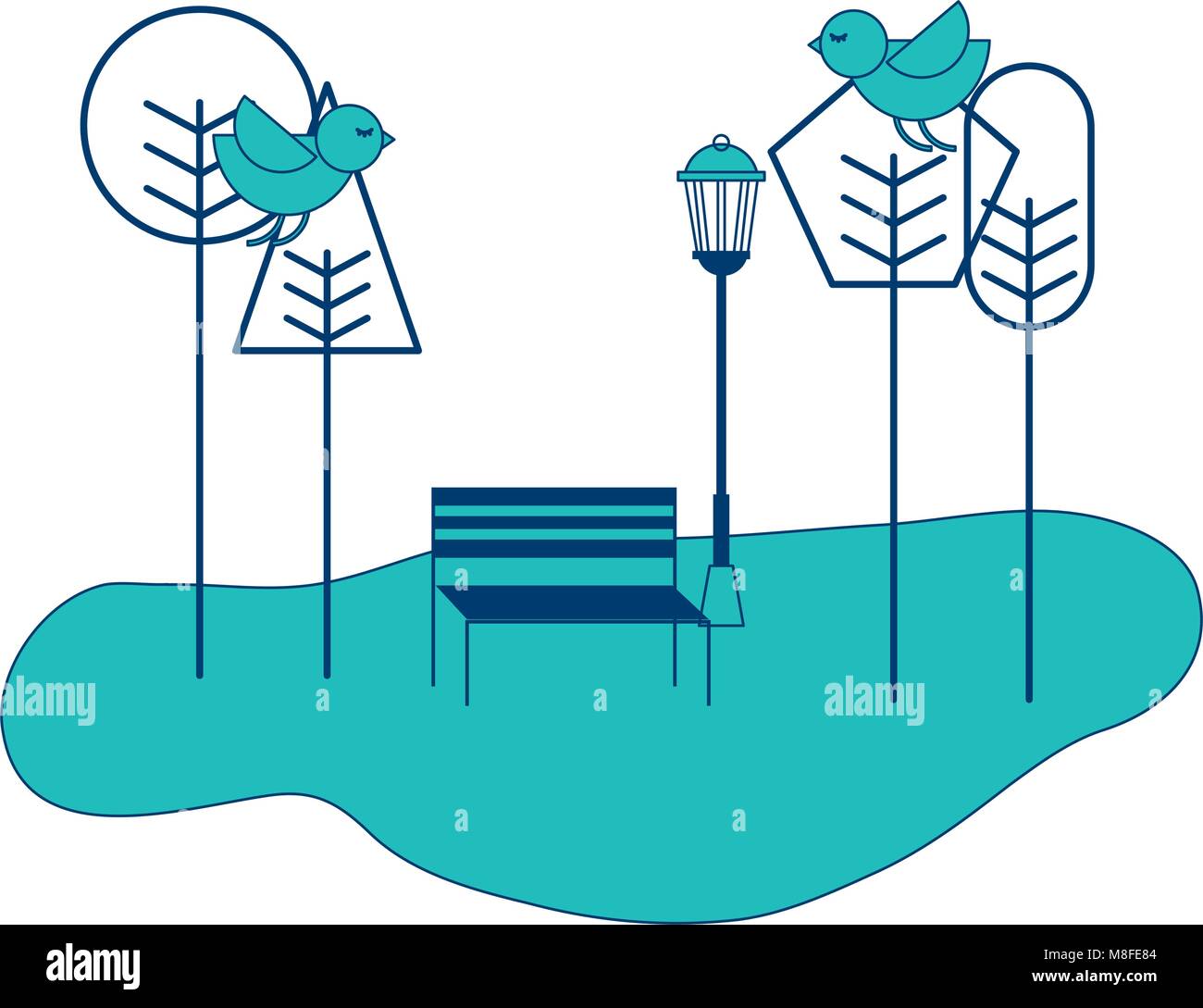 park bench trees birds natural spring landscape vector illustration blue and green image Stock Vector