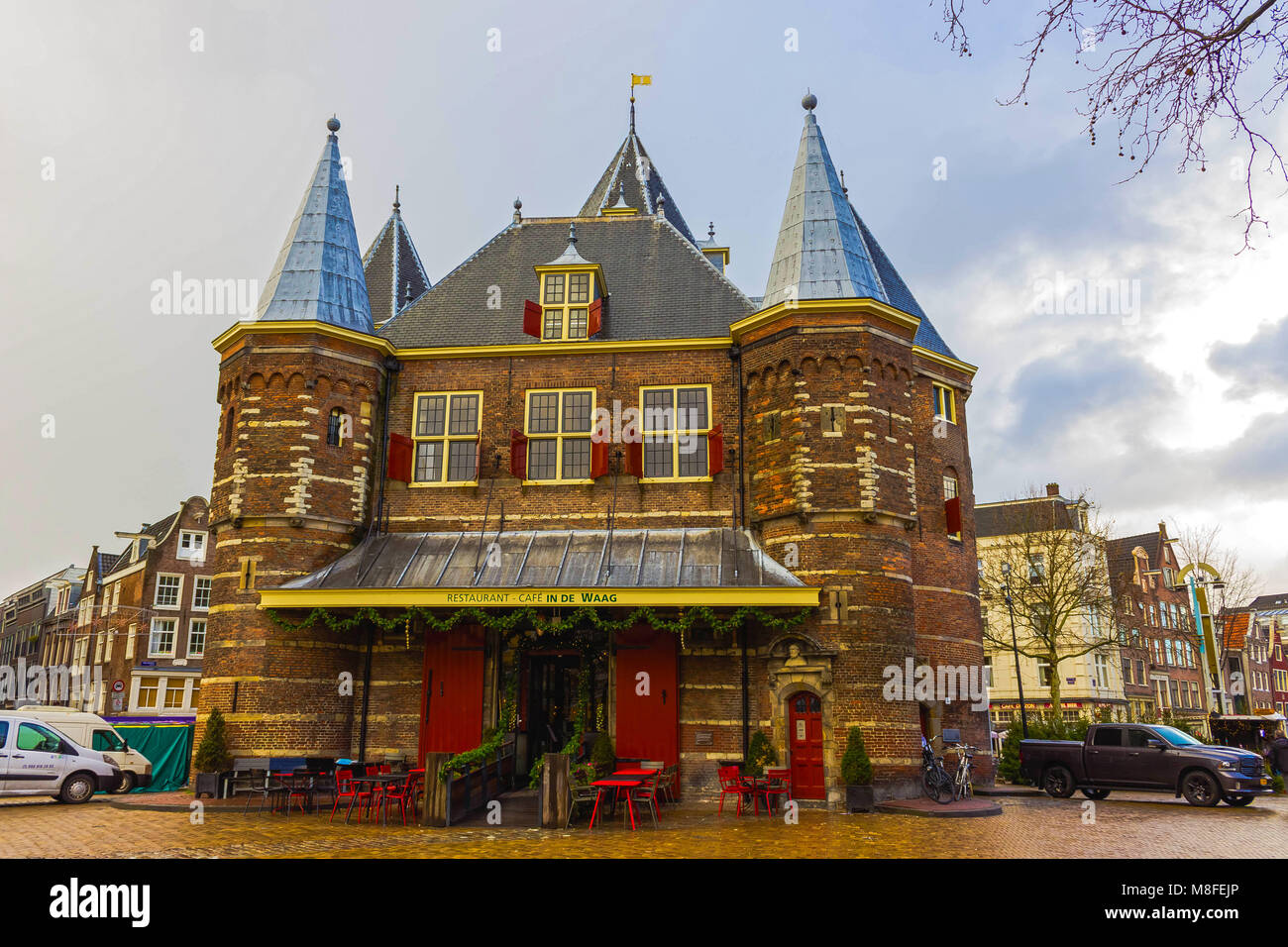 Amsterdam, Netherlands - December 14, 2017: Weigh house or Waag at Nieuwmarkt or New market square in Amsterdam Stock Photo