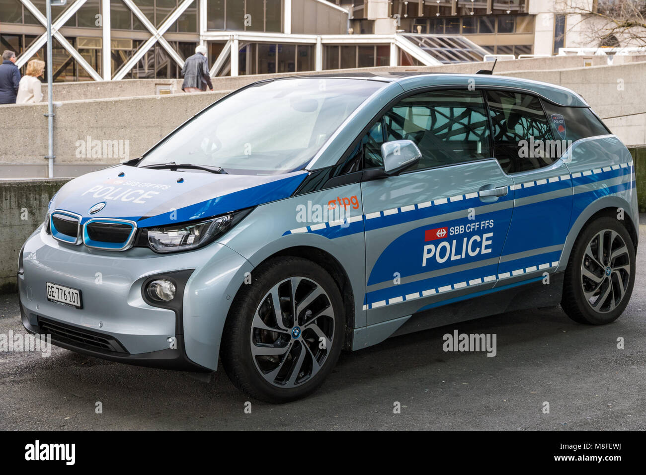 GENEVA, SWITZERLAND - MARCH 7, 2018: Electic BMW i1 Swiss Transport Police car at the Geneva Airport. Stock Photo