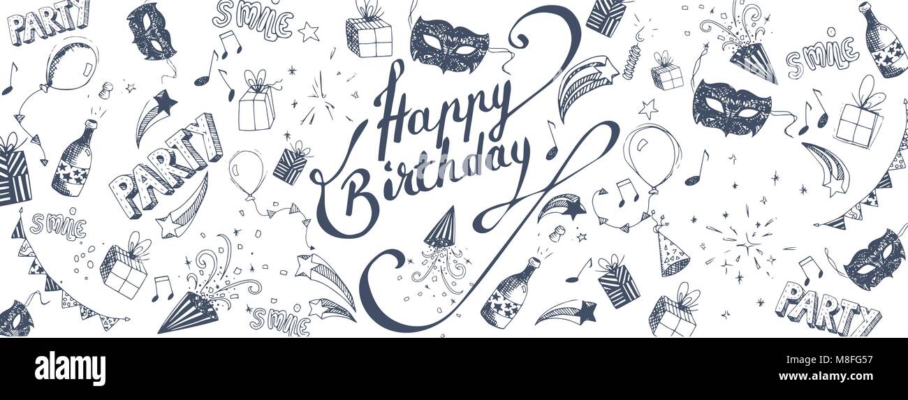 Happy Birthday Doodles Full Vector Large Banner Stock Vector Art