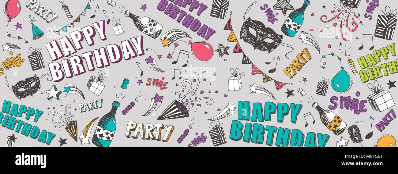 Happy Birthday doodles full vector large banner Stock Vector