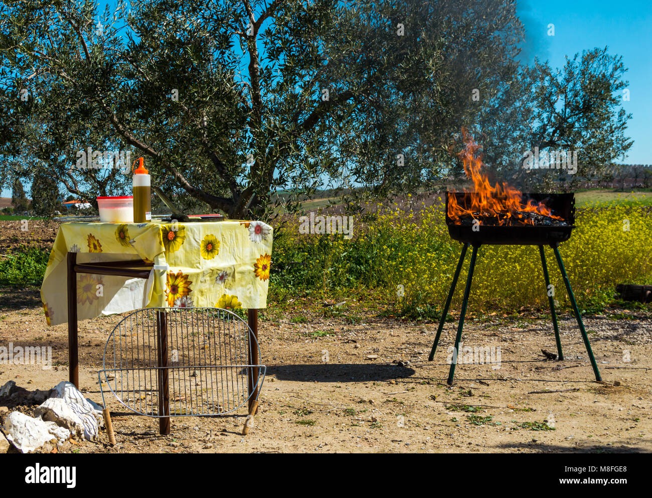 views of a barbecue during a sunny day in a rural countryside. Stock Photo