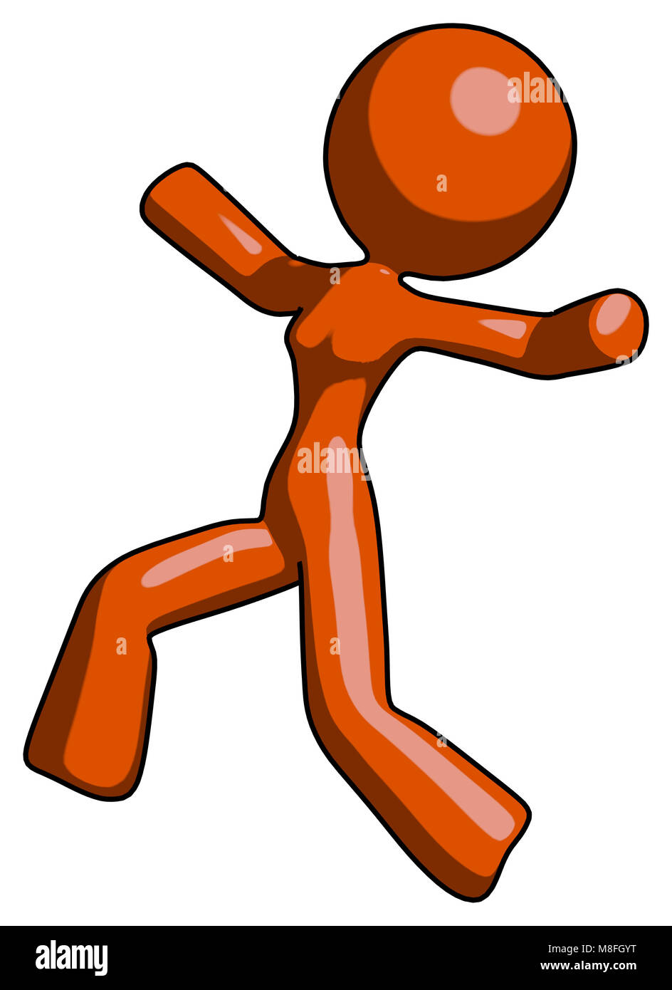 Orange design mascot woman running away in hysterical panic direction left. Stock Photo