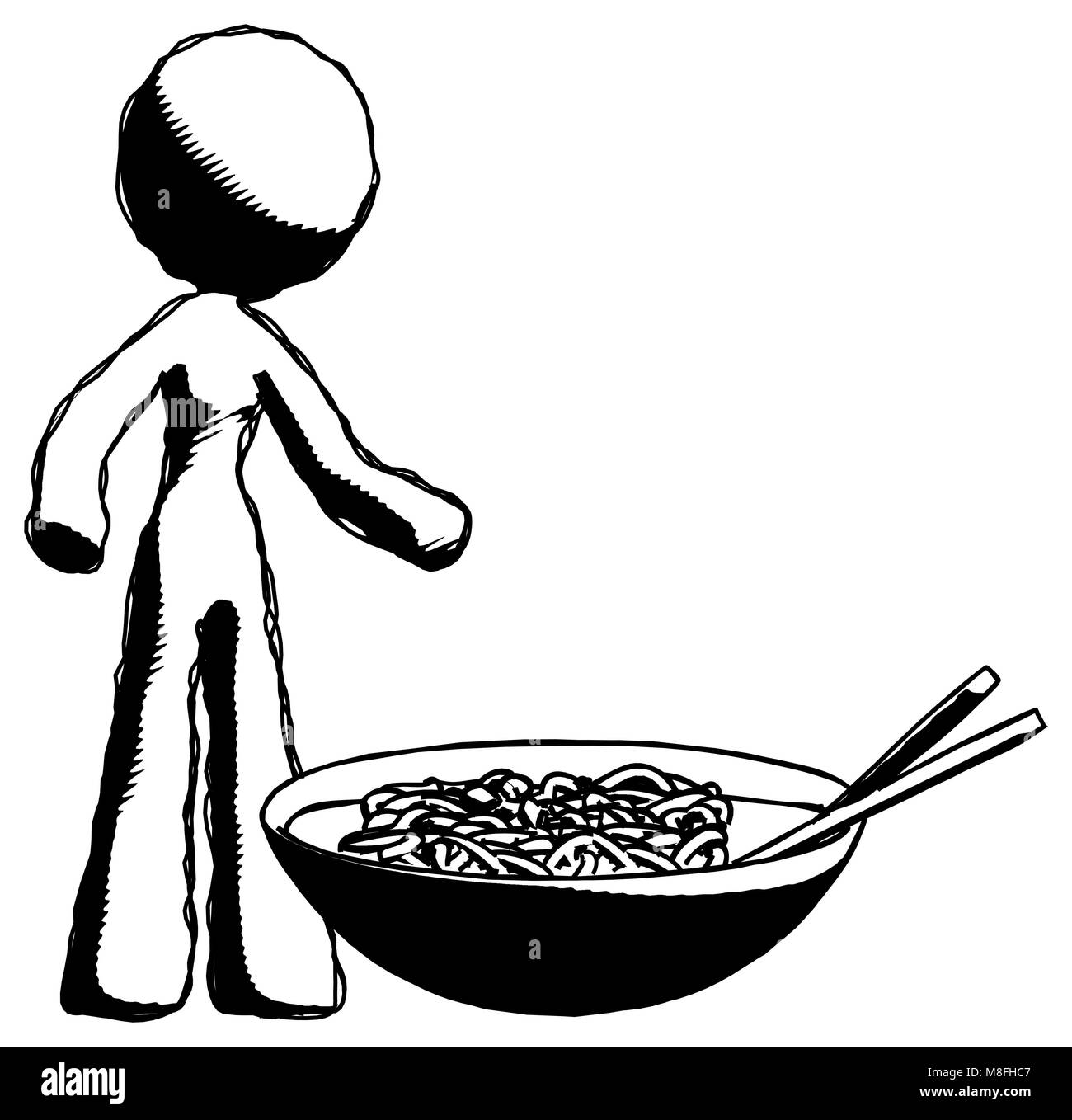 Ink design mascot woman and noodle bowl, giant soup restaraunt concept. Stock Photo