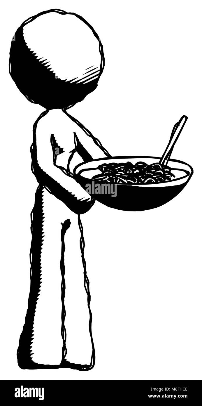 Ink design mascot woman holding noodles offering to viewer. Stock Photo