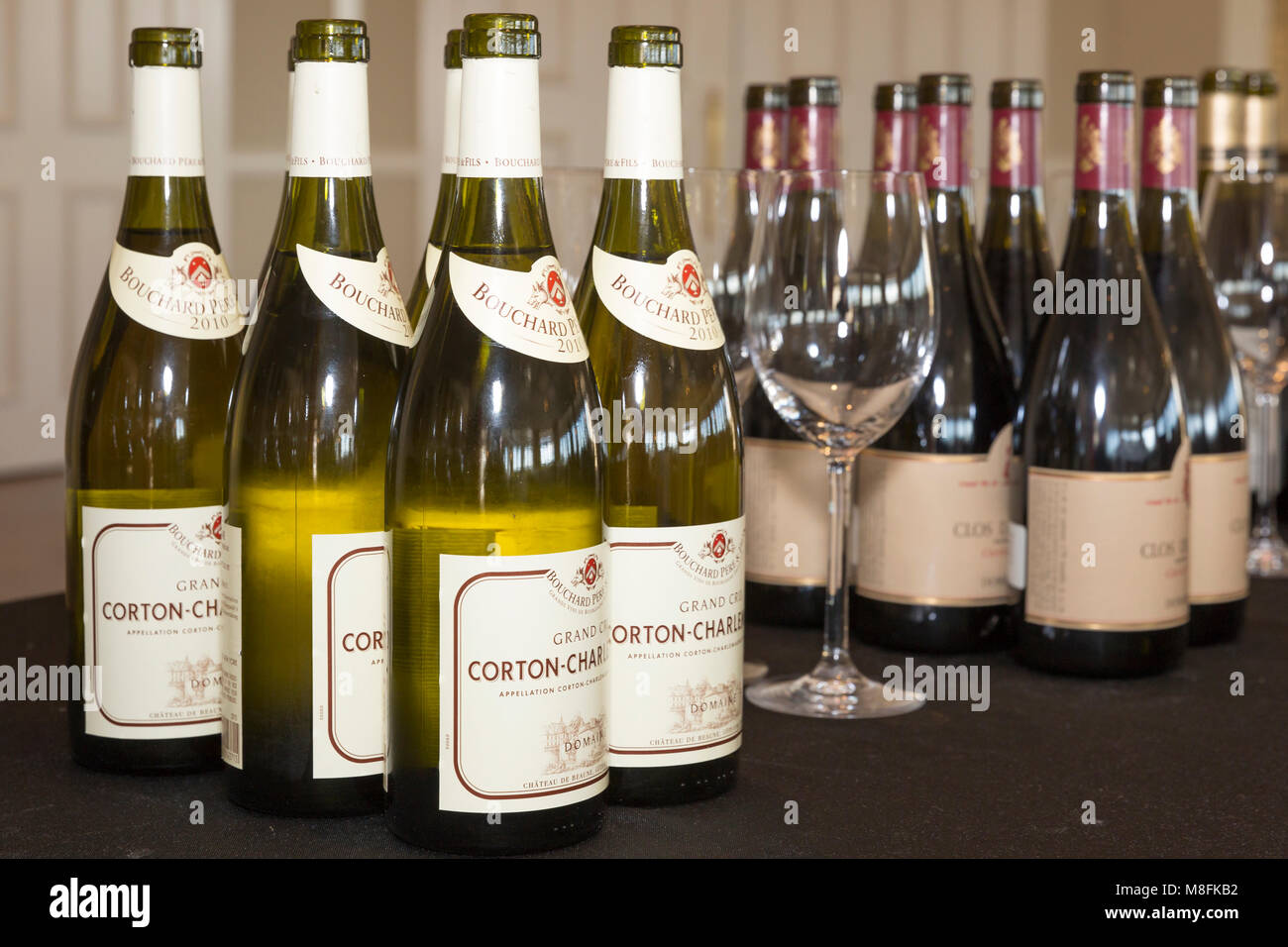 French wine bottles ready for Confrerie des Chevaliers du Tastevin - wine club event at Bay Colony, Naples, Florida, USA Stock Photo