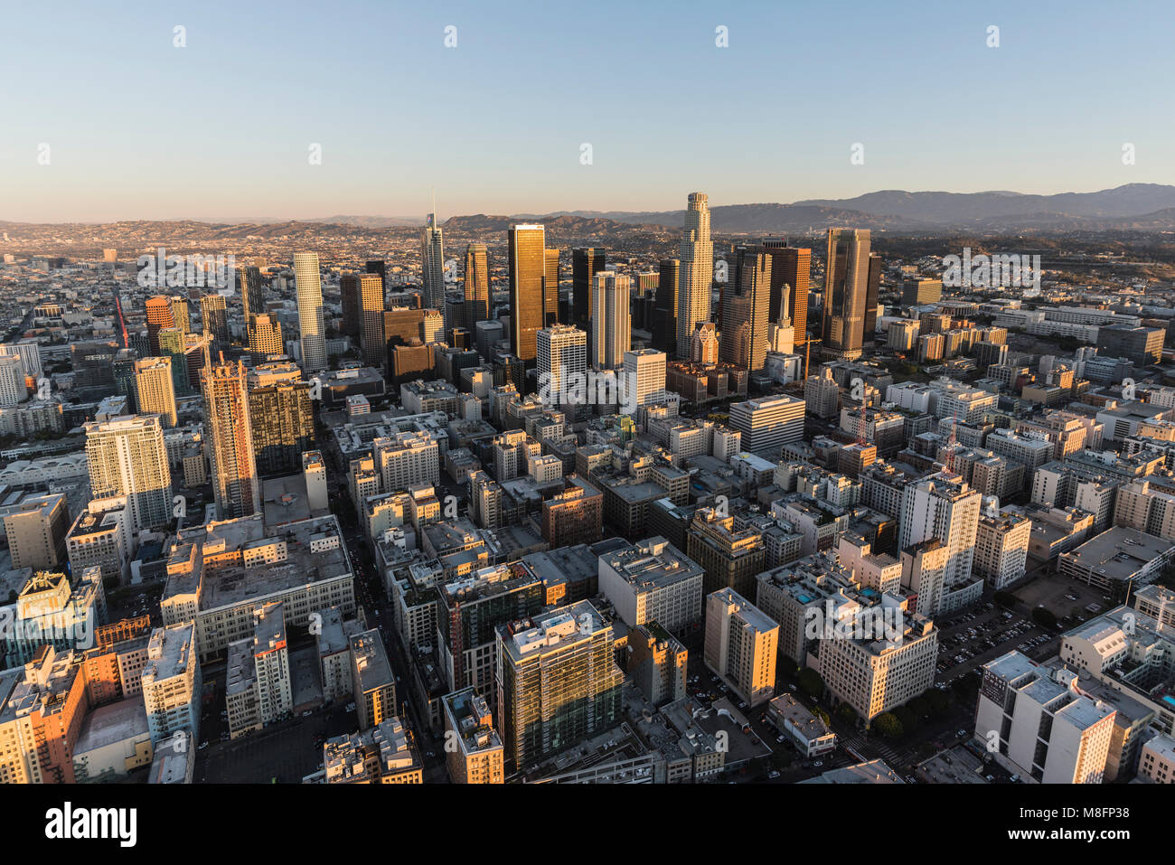 Los Angeles, California, USA - February 20, 2018:  Early morning aerial view of towers, streets and buildings in downtown LA. Stock Photo