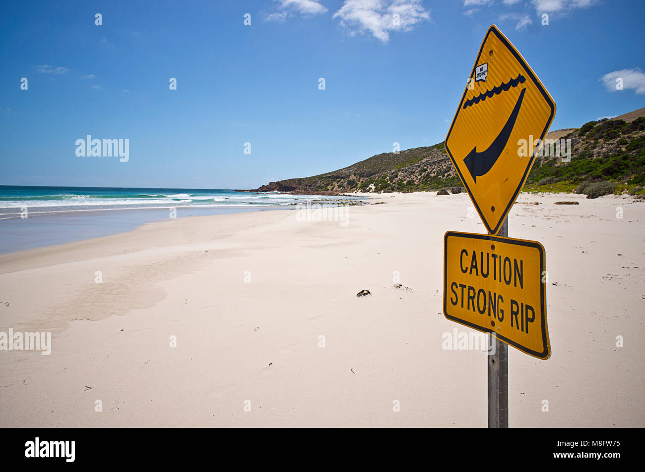 Dangerous Rip Warning Sign, Snelling Beach, Kangaroo Island, South Australia Stock Photo