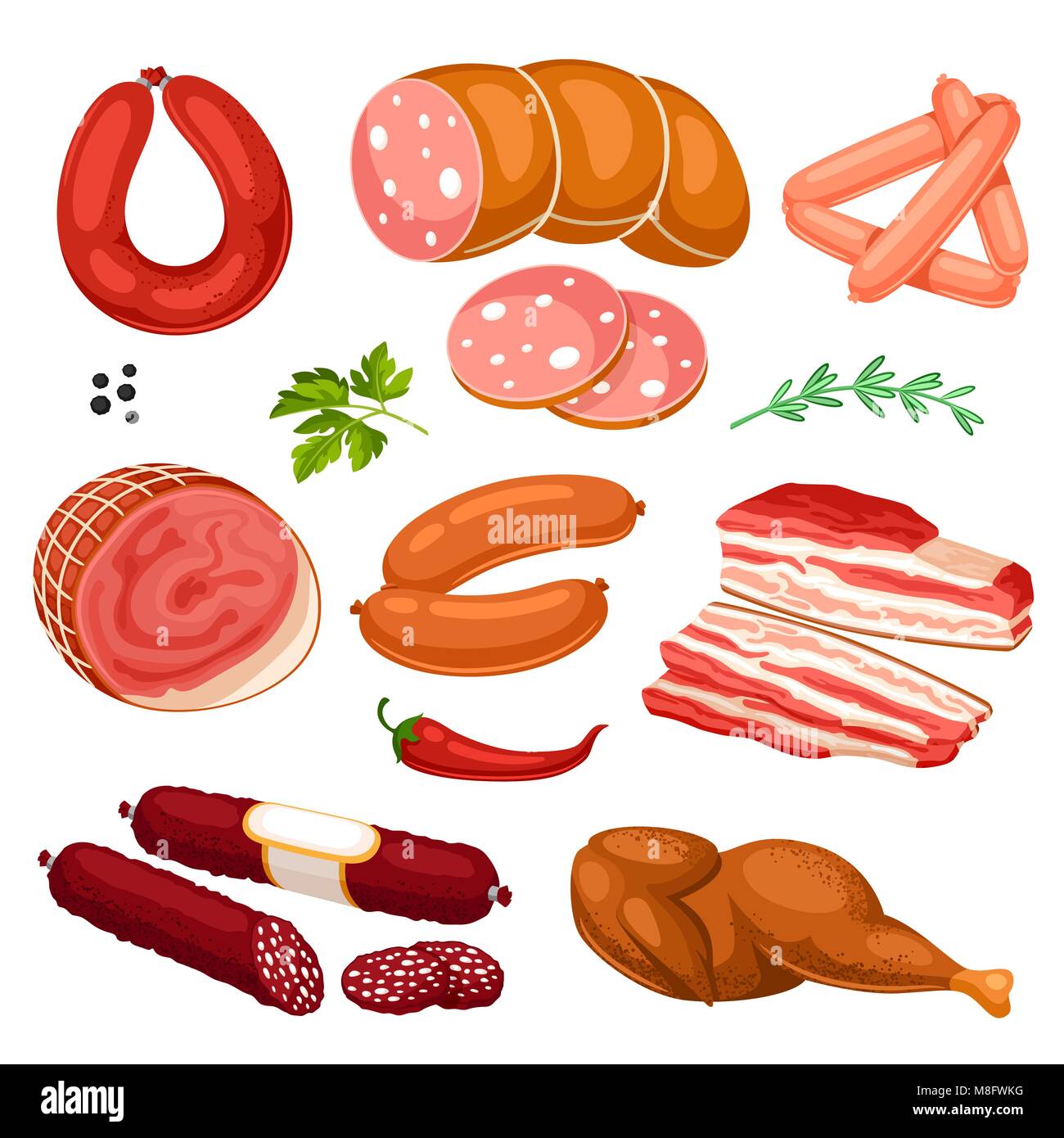 Set of meat products. Illustration of sausages, bacon and ham Stock Vector  Image & Art - Alamy