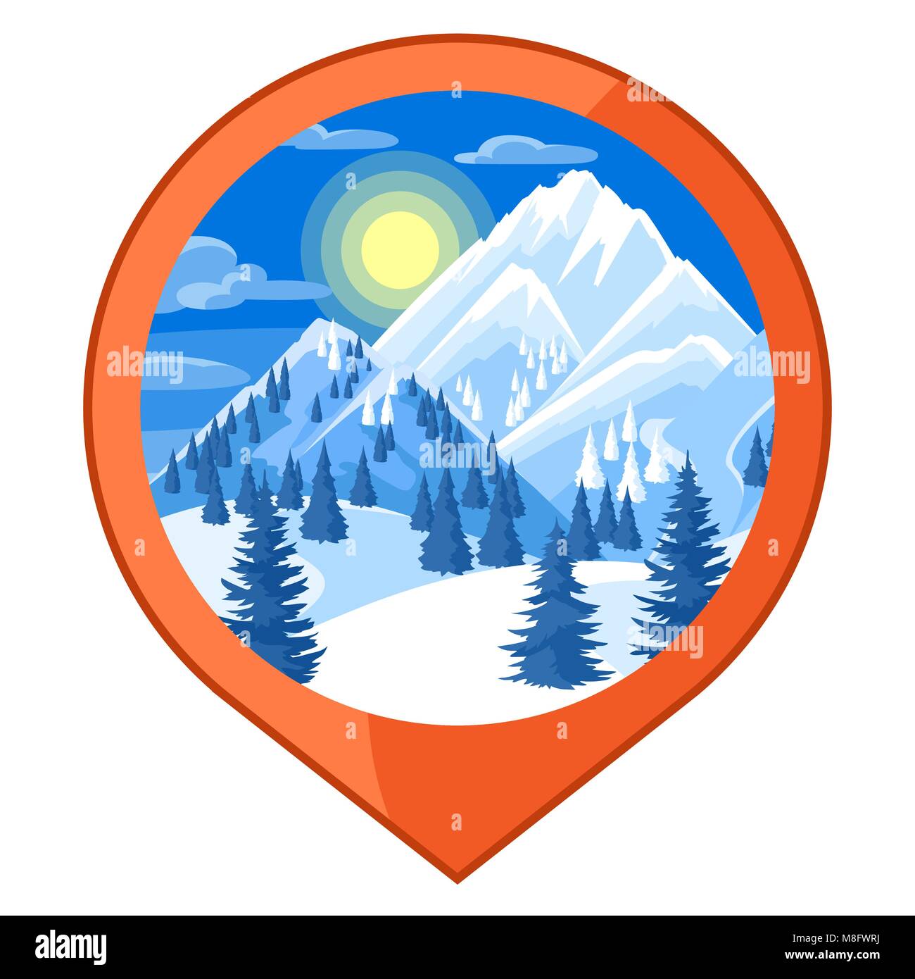 Location mark. Winter landscape with snowy mountains and fir forest