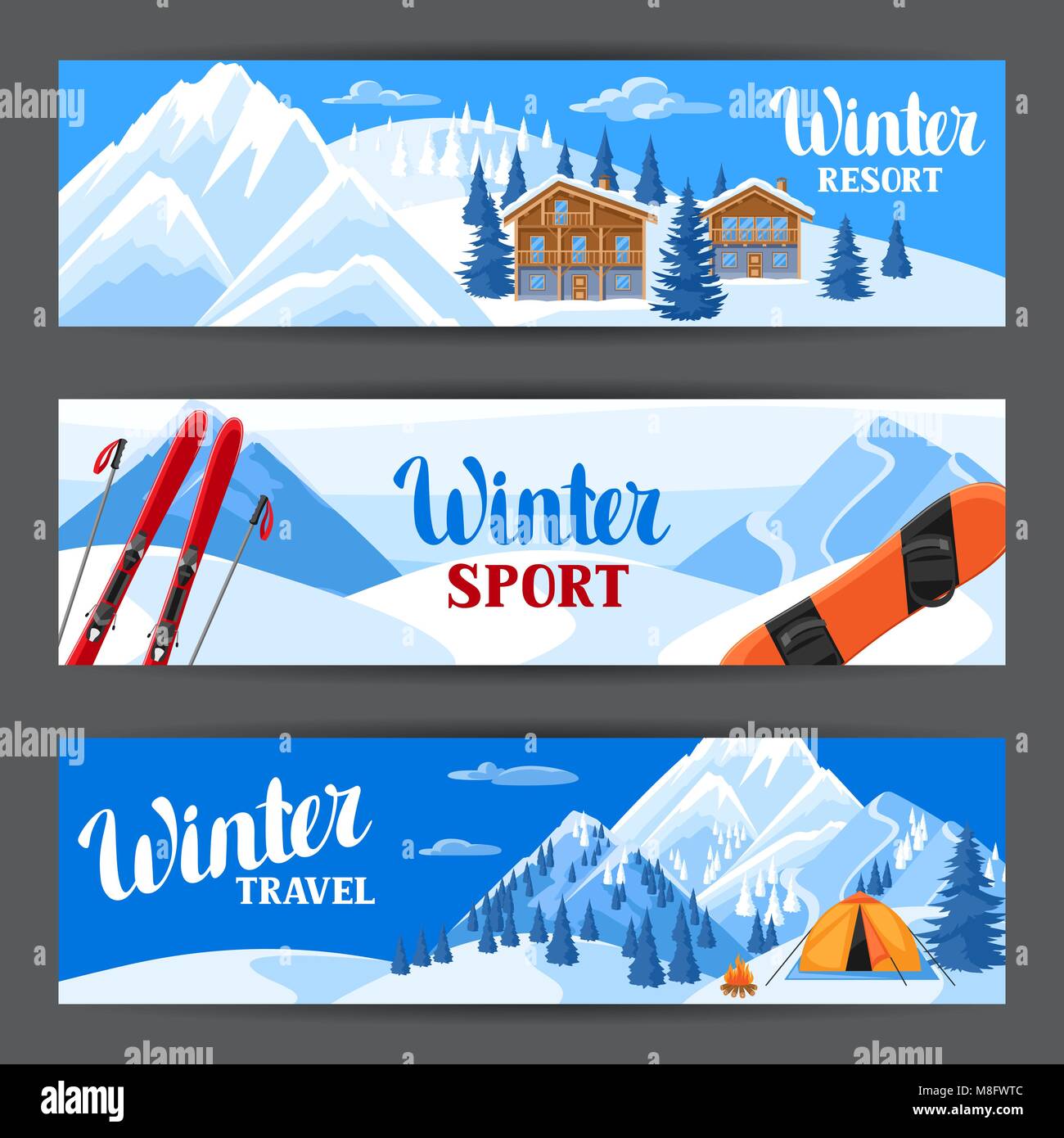 Winter ski resort banners. Beautiful landscape with alpine chalet houses, snowboard, snowy mountains and fir forest Stock Vector