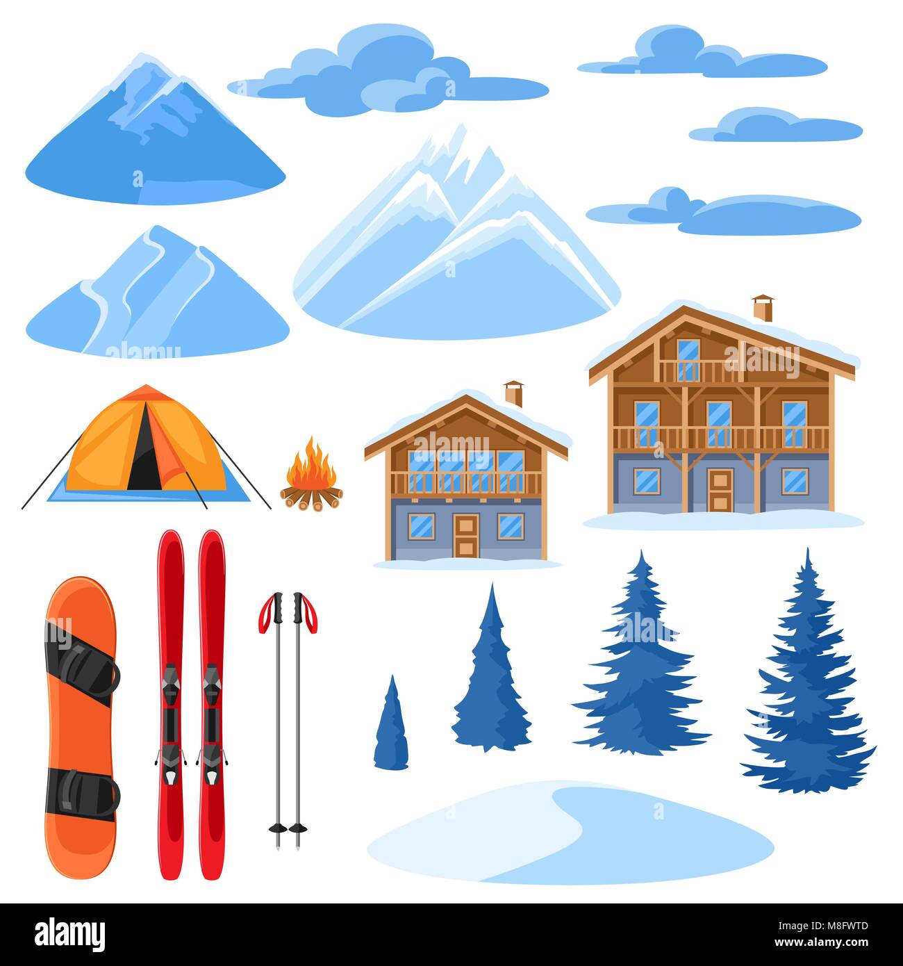 Winter set for design. Alpine chalet houses, snowboard, ski, snowy mountains and fir trees Stock Vector