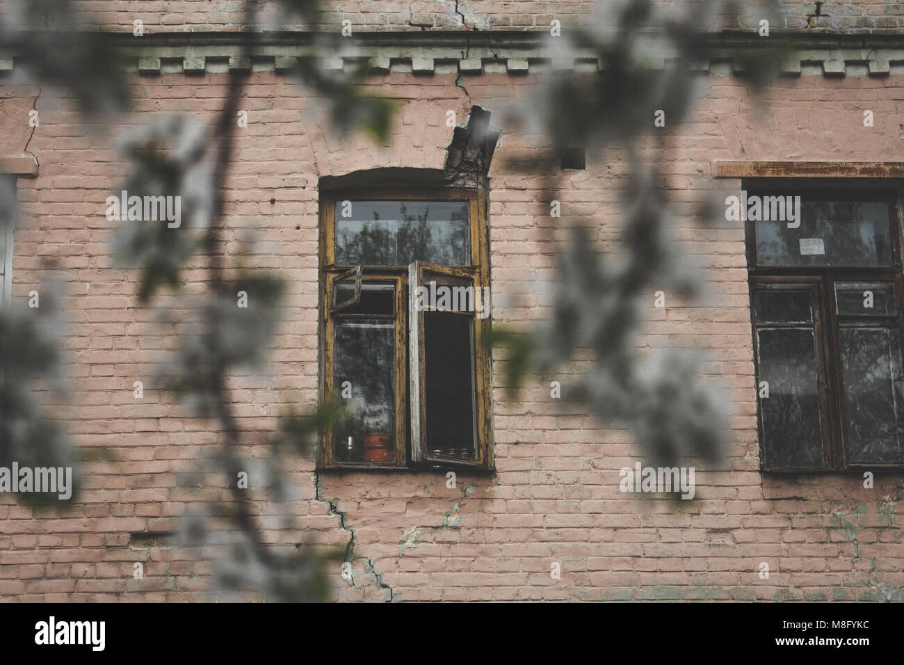old wooden window frame with broken glass Stock Photo - Alamy