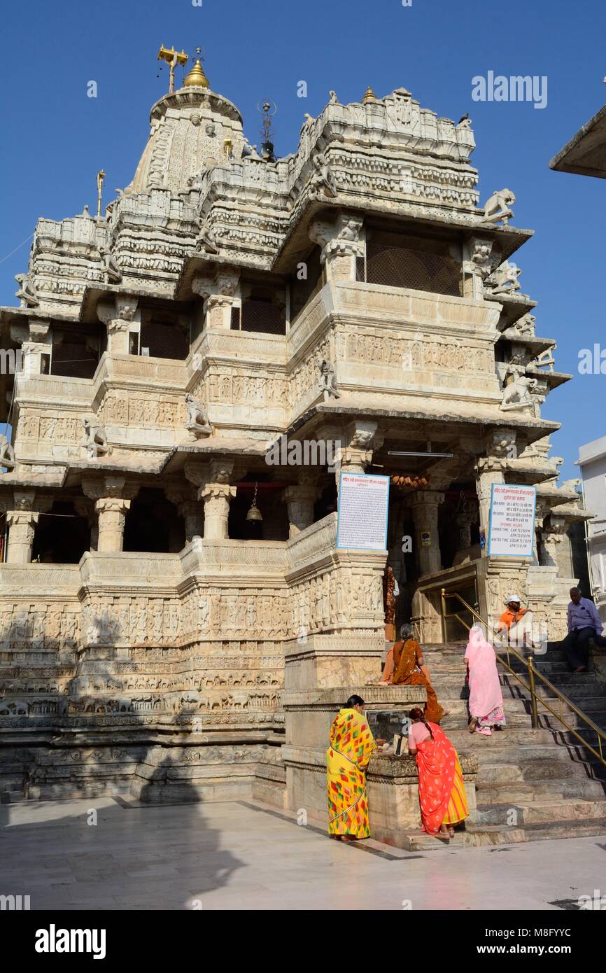 Jagdish Mandir exterior a large ornately carved Hindu Temple Devoted to Lord Vishnu set in the middle of the old town of Udaipur Rajashan India Stock Photo