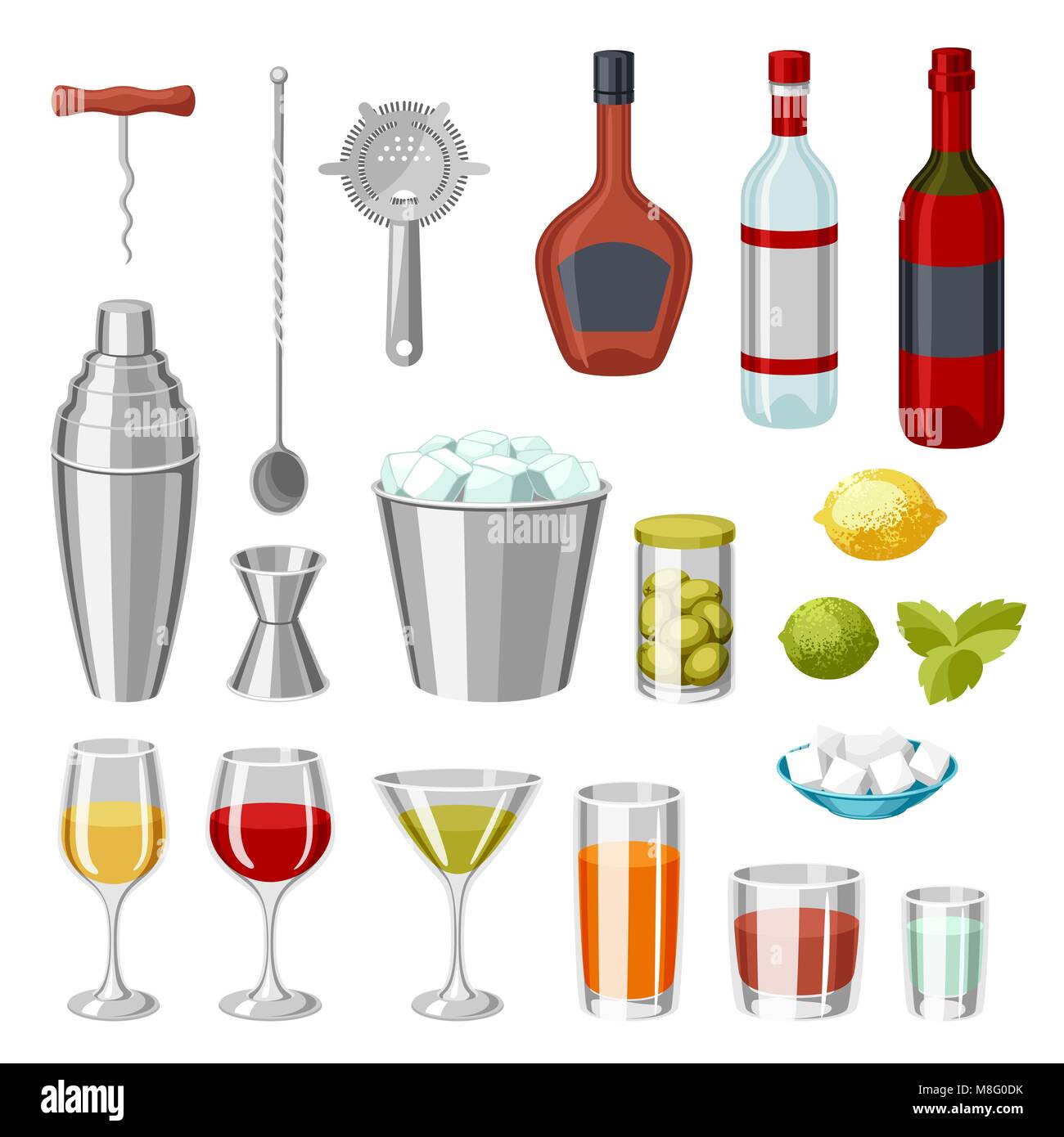 Cocktail bar set. Essential tools, glassware, mixers and garnishes