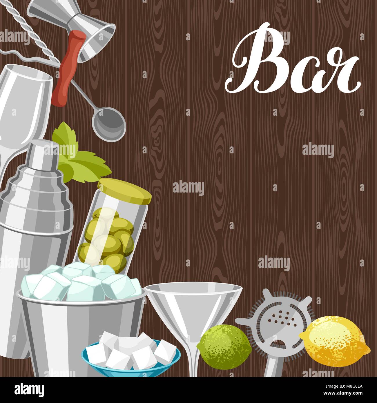 Cocktail bar background. Essential tools, glassware, mixers and