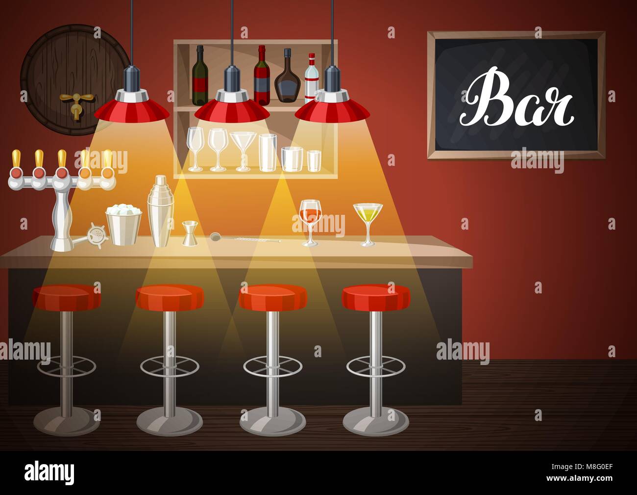 Bar counter in pub or night club. Illustration of interior with accessories, beverages and cocktails Stock Vector