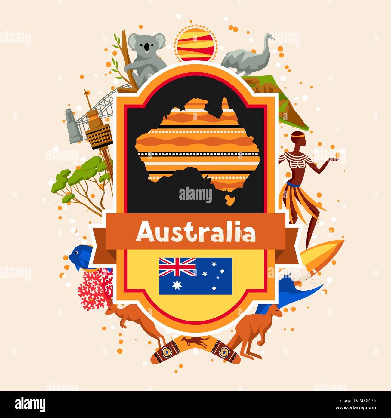 Australia background design. Australian traditional symbols and objects Stock Vector