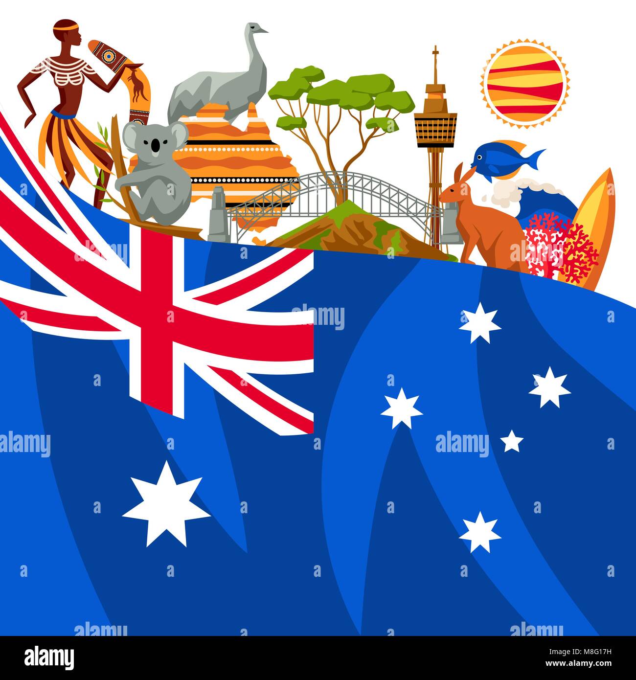 Australia background design. Australian traditional symbols and objects Stock Vector