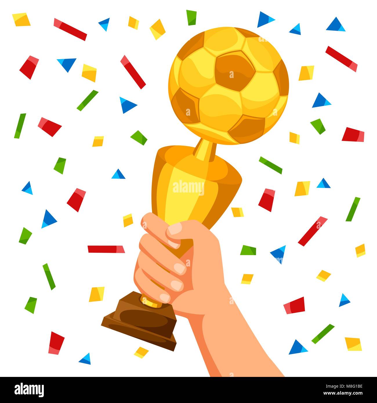 Illustration of soccer cup in hand on confetti background Stock Vector ...