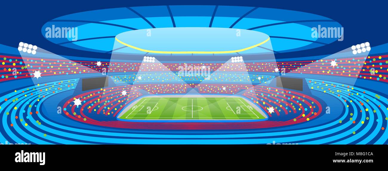 Soccer stadium during sports match. Football arena field Stock Vector