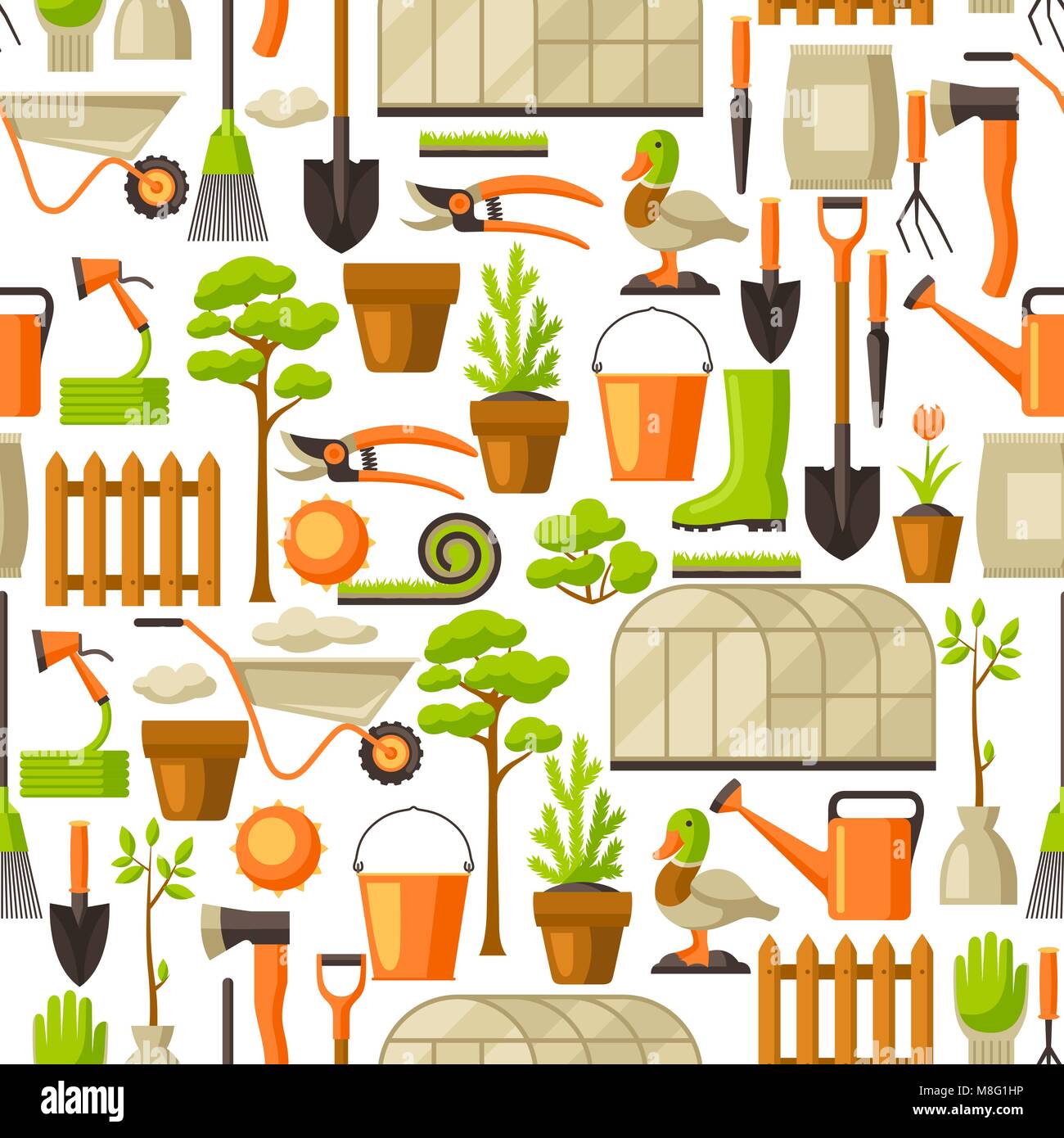Seamless pattern with garden tools and items. Season gardening ...