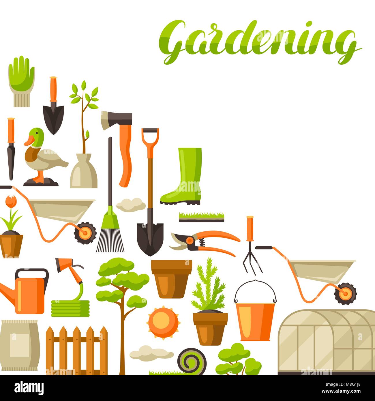 Background with garden tools and items. Season gardening illustration ...