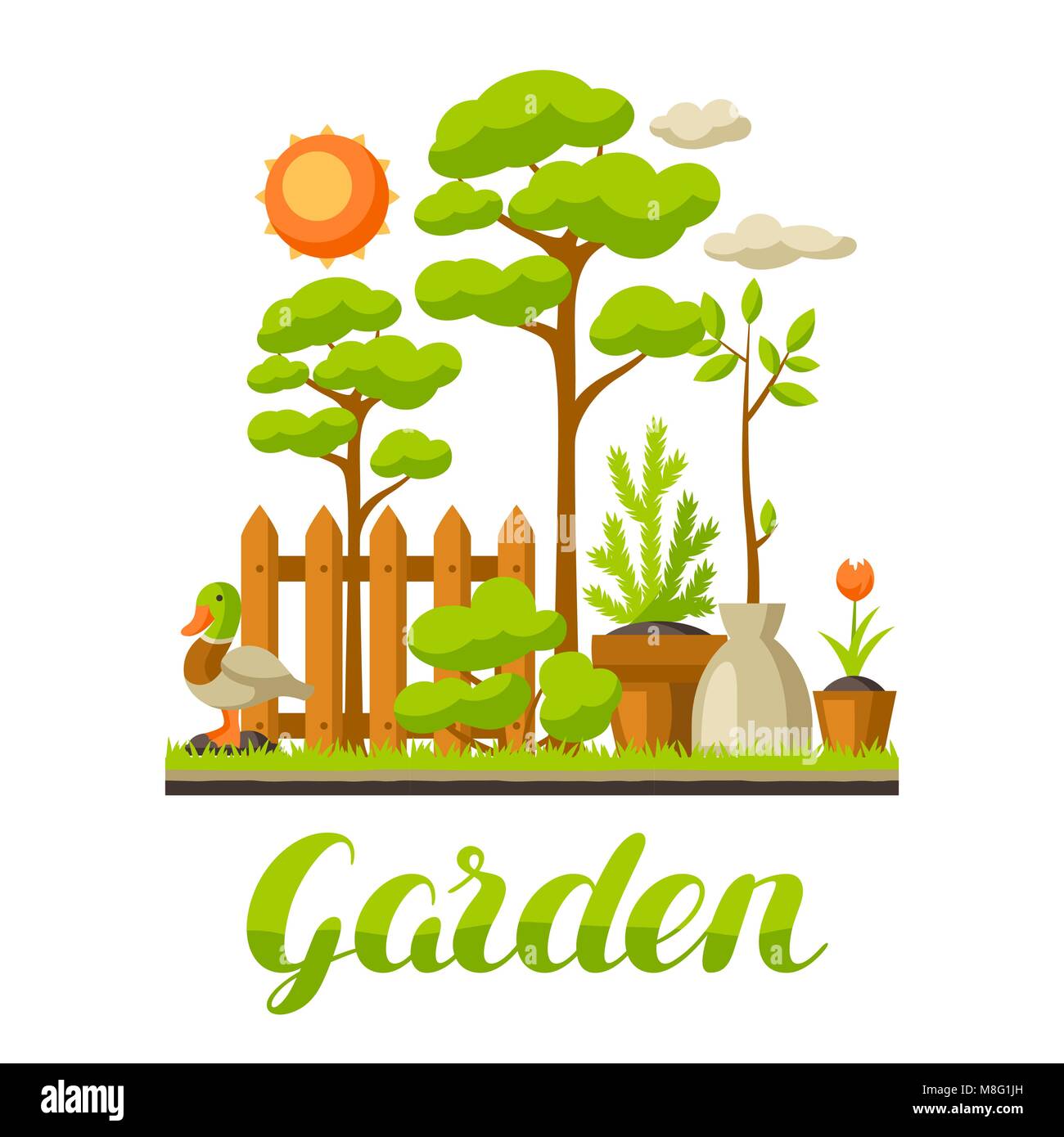 Garden landscape illustration with plants. Season gardening concept Stock Vector