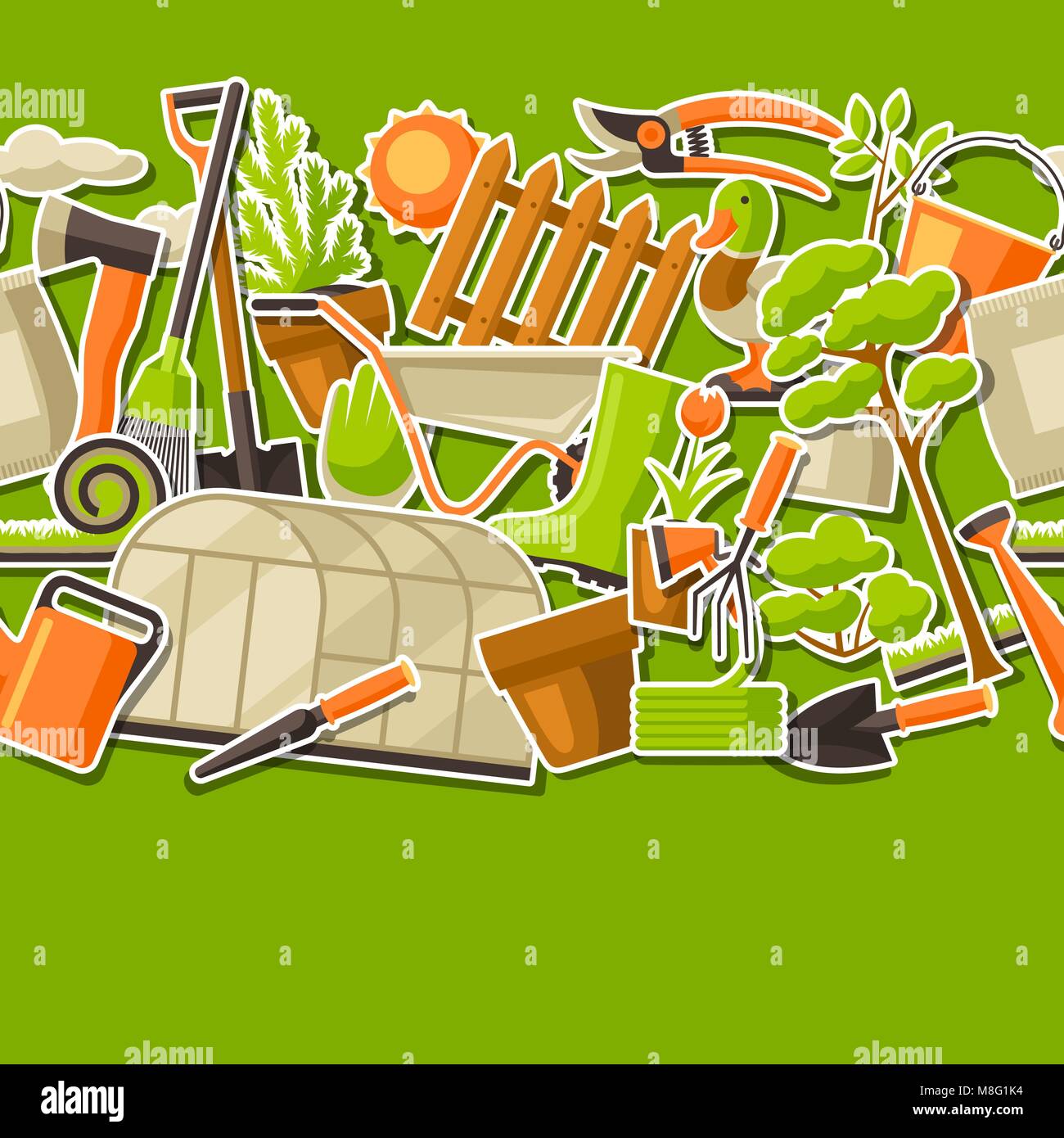 Seamless pattern with garden tools and items. Season gardening ...