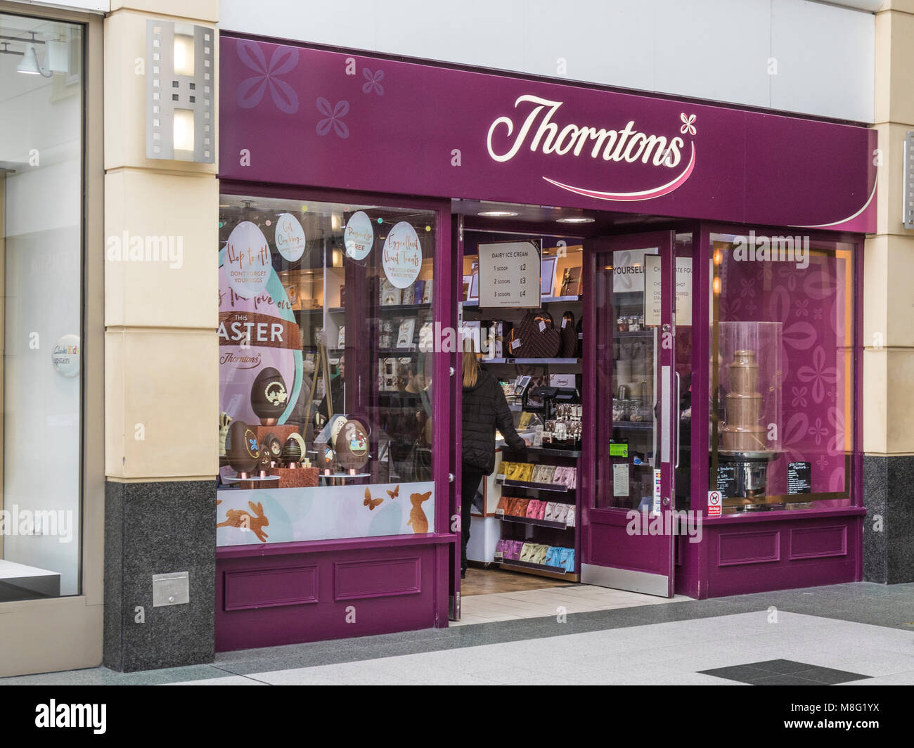 Thorntons chocolate shop Stockport Town Centre Shopping area, Merseyway Stock Photo