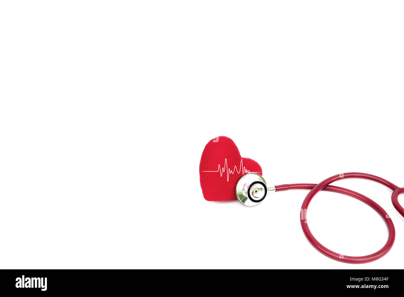 Red stethoscope with heart isolated on white background and copy space ...