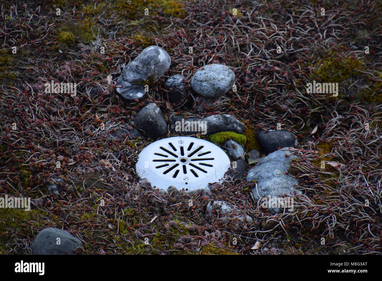 white colored water drainage on rooftop with pebbles and moss Stock Photo