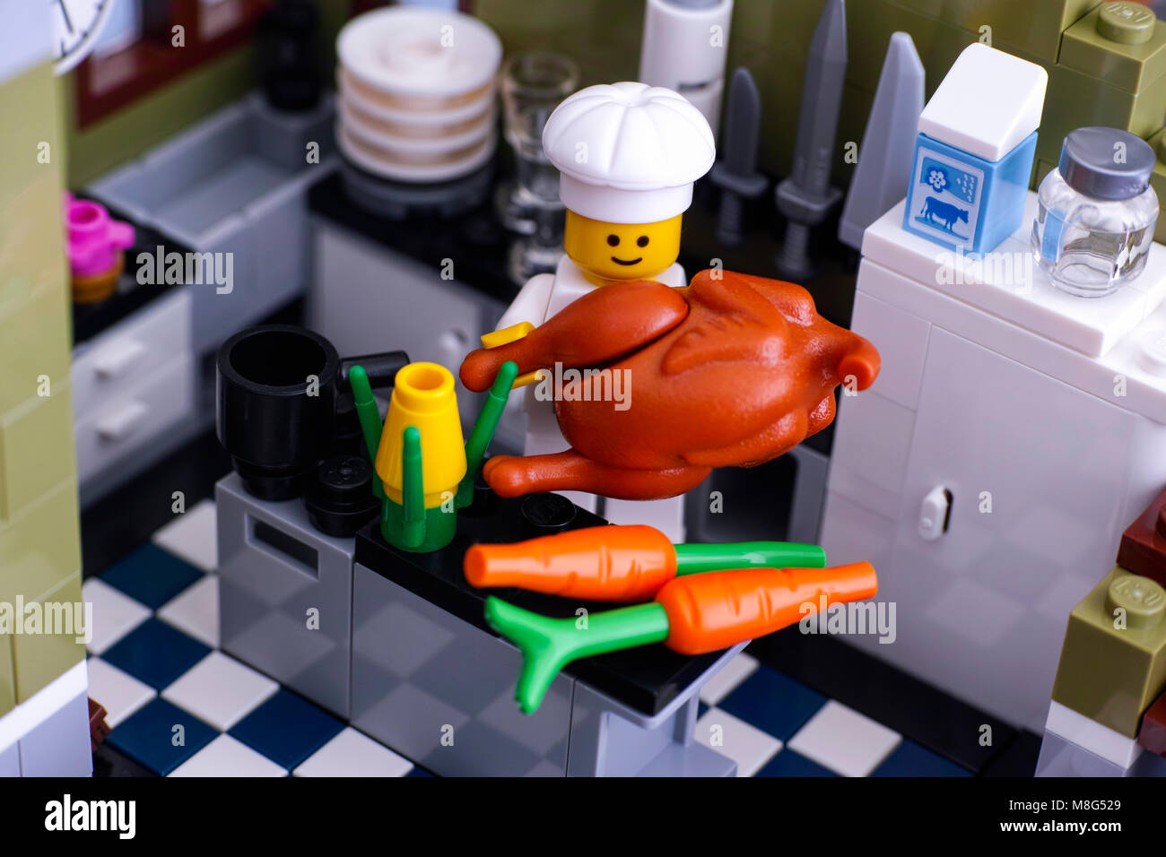 Tambov, Russian Federation - January 04, 2018 Lego chef cooking turkey ...