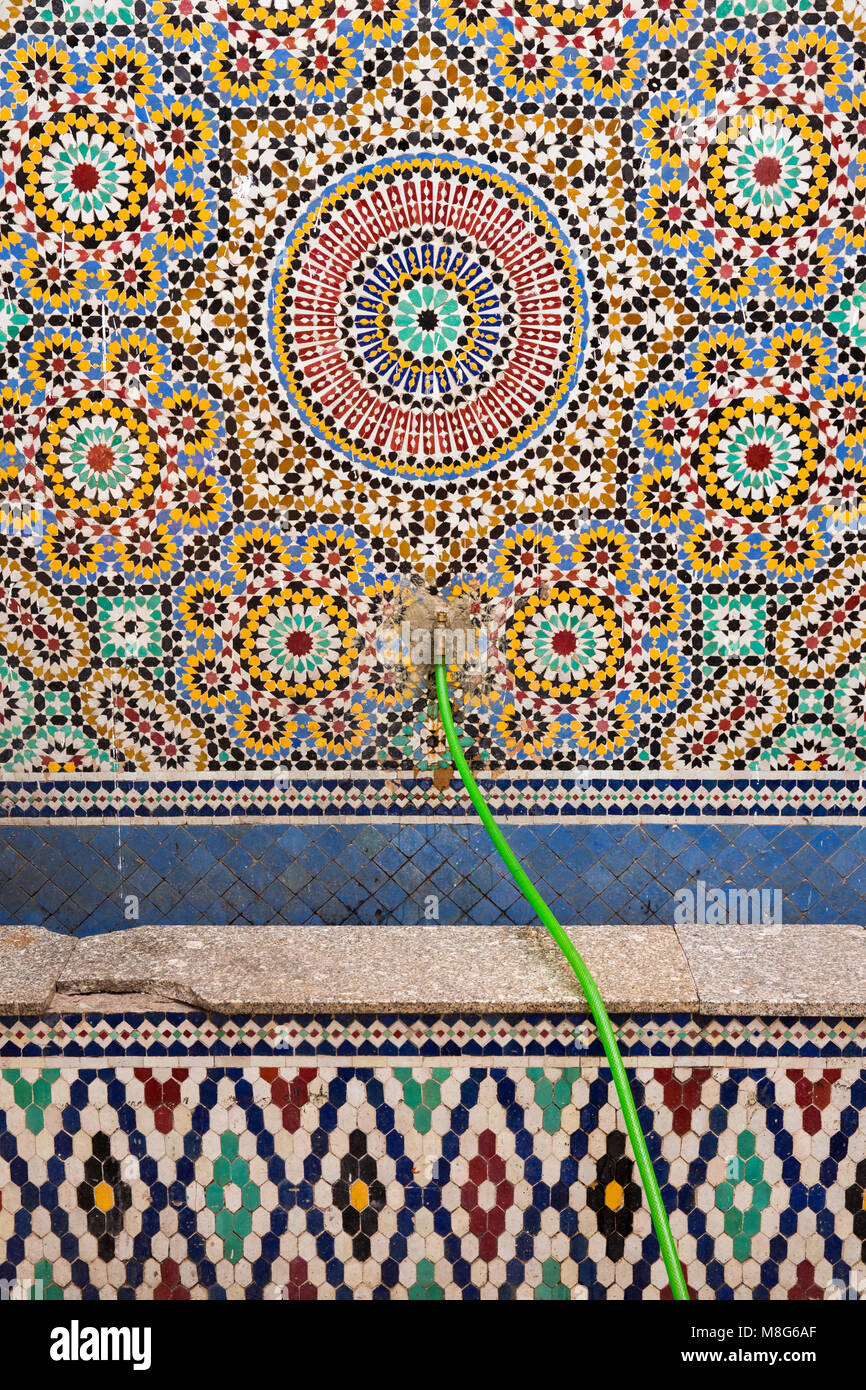 Morocco, Casablanca, Central Market, fountain, decorated with traditional Zellij geometric tiles Stock Photo