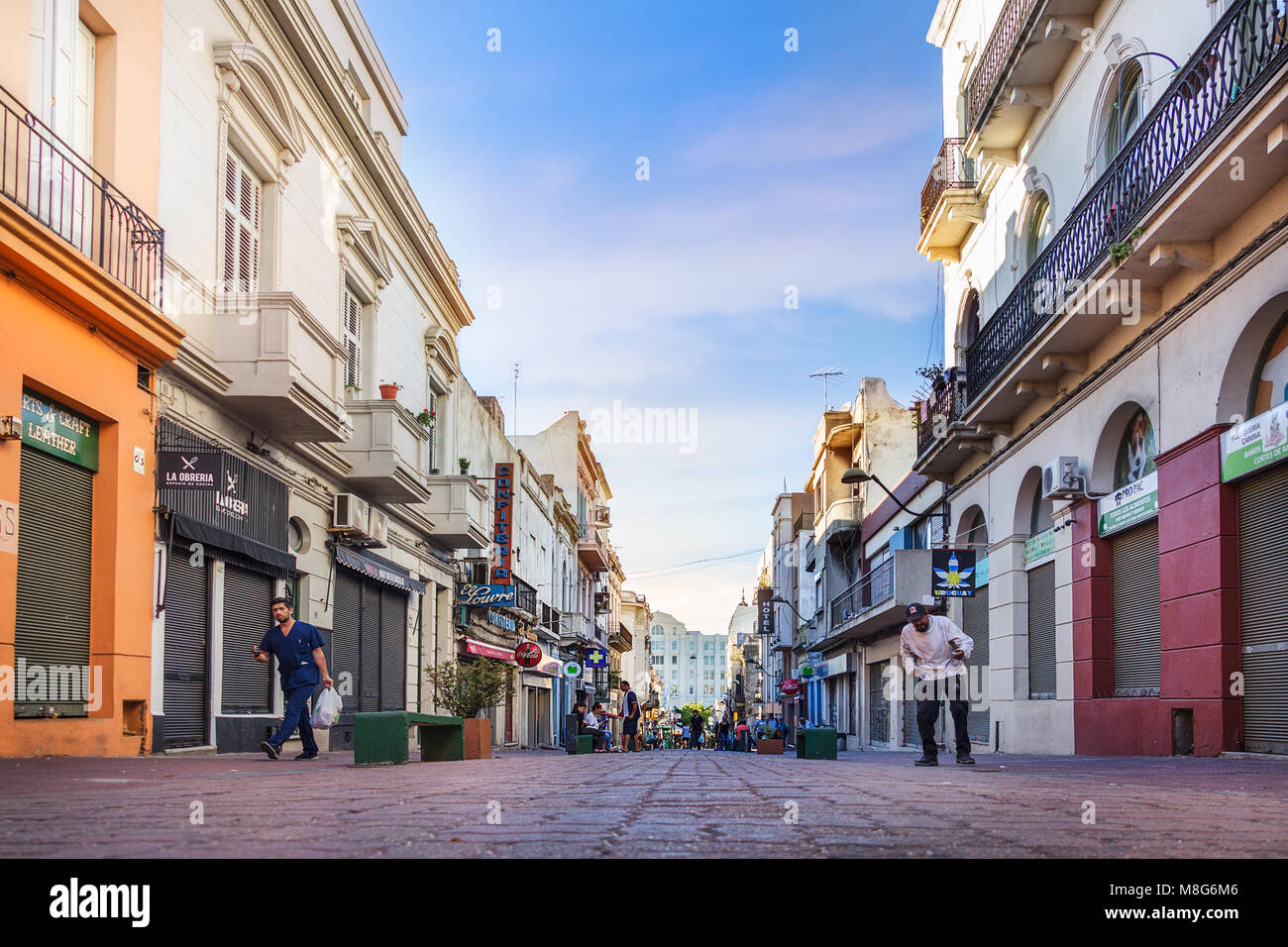 Montevideo, Uruguay - February 25th, 2018: The pedestrian street Calle Perez Castellano at the downtown near the Port of Montevideo. Stock Photo