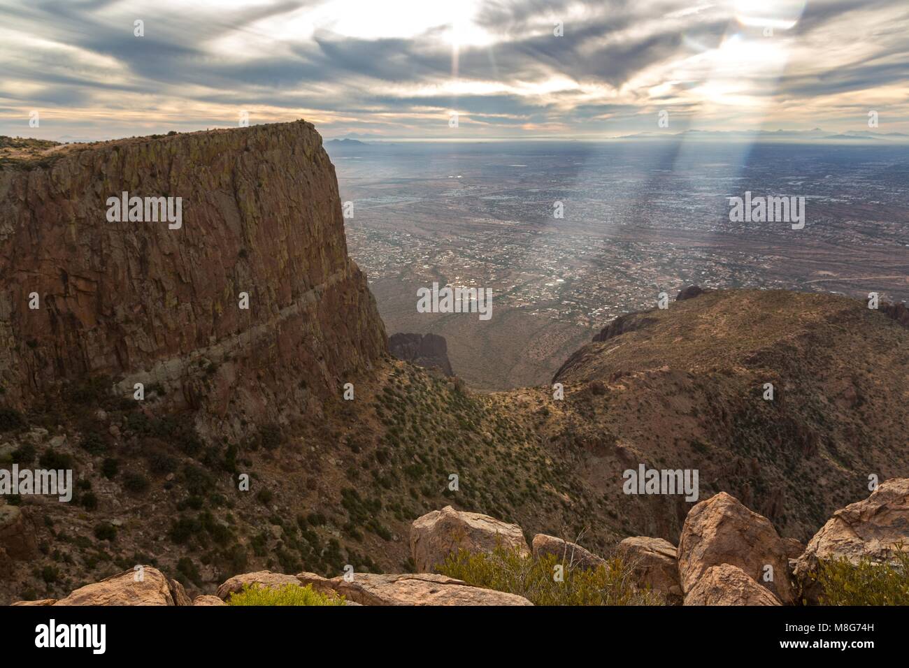 Scenic Aerial Landscape View Distant Phoenix City Arizona Metropolitan Area Skyline Lost Dutchman State Park Desert Flatiron Mountain Peak Foreground Stock Photo