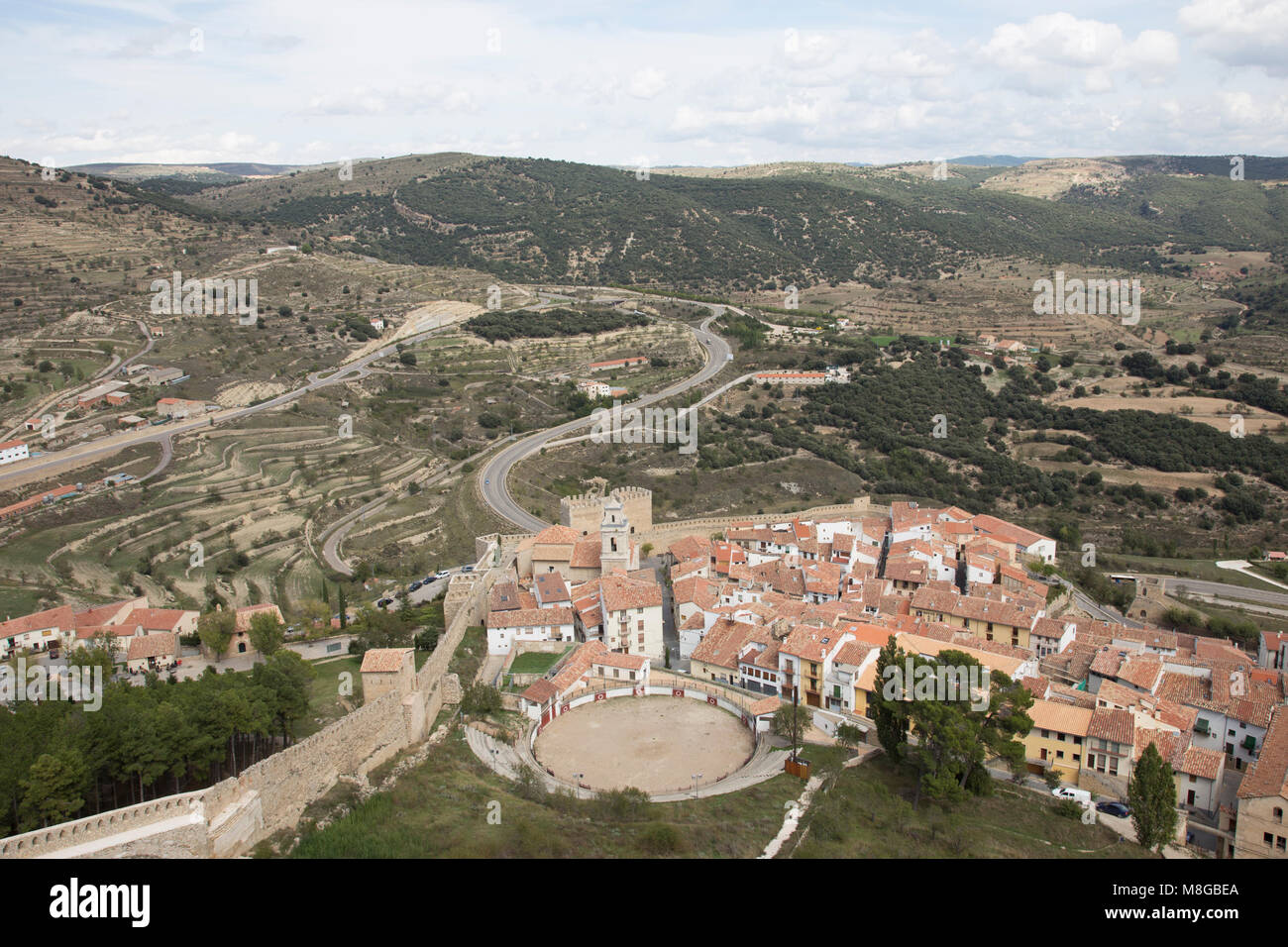 View from the fort at the top. Morella is an ancient walled city located on a hill-top in the province of Castellón, Valencian Community, Spain. Stock Photo