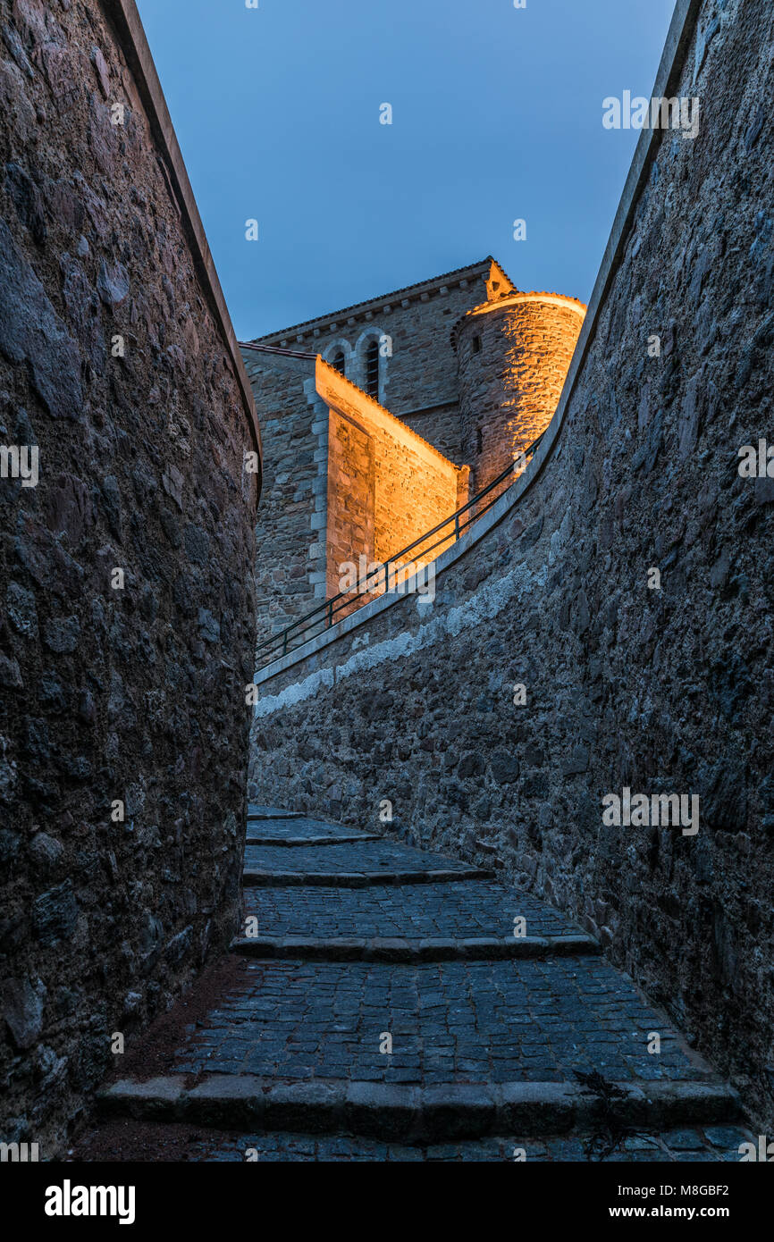 Steps to the Saint-Nicolas priory at the nightfall in Les Sables d'Olonne, French west coast Stock Photo