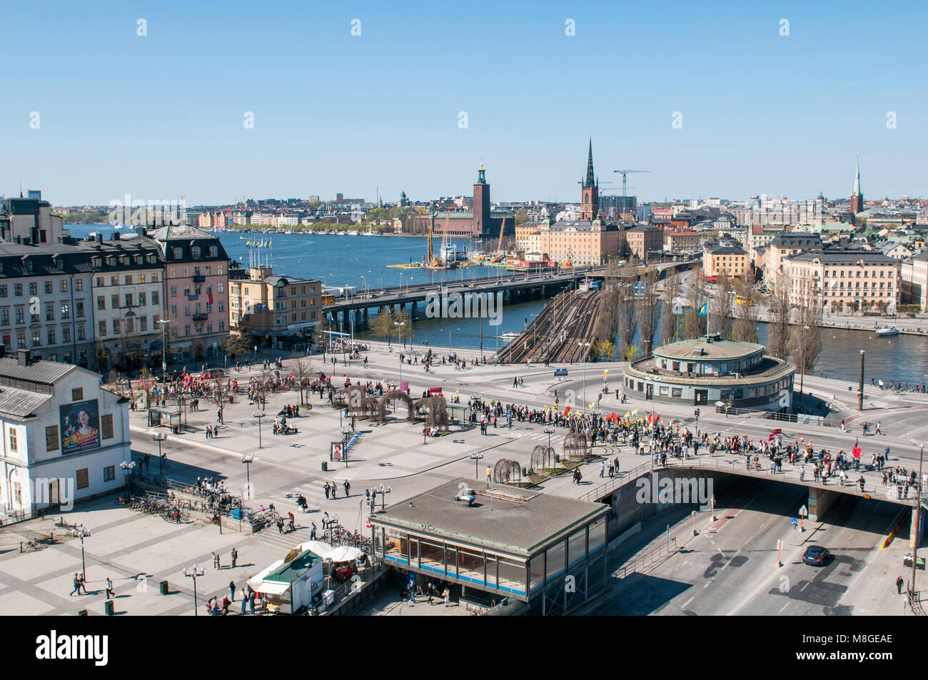 Aerial view from Katarina elevator during a demonstration at Slussen traffic hub on International Worker’s day. Stock Photo