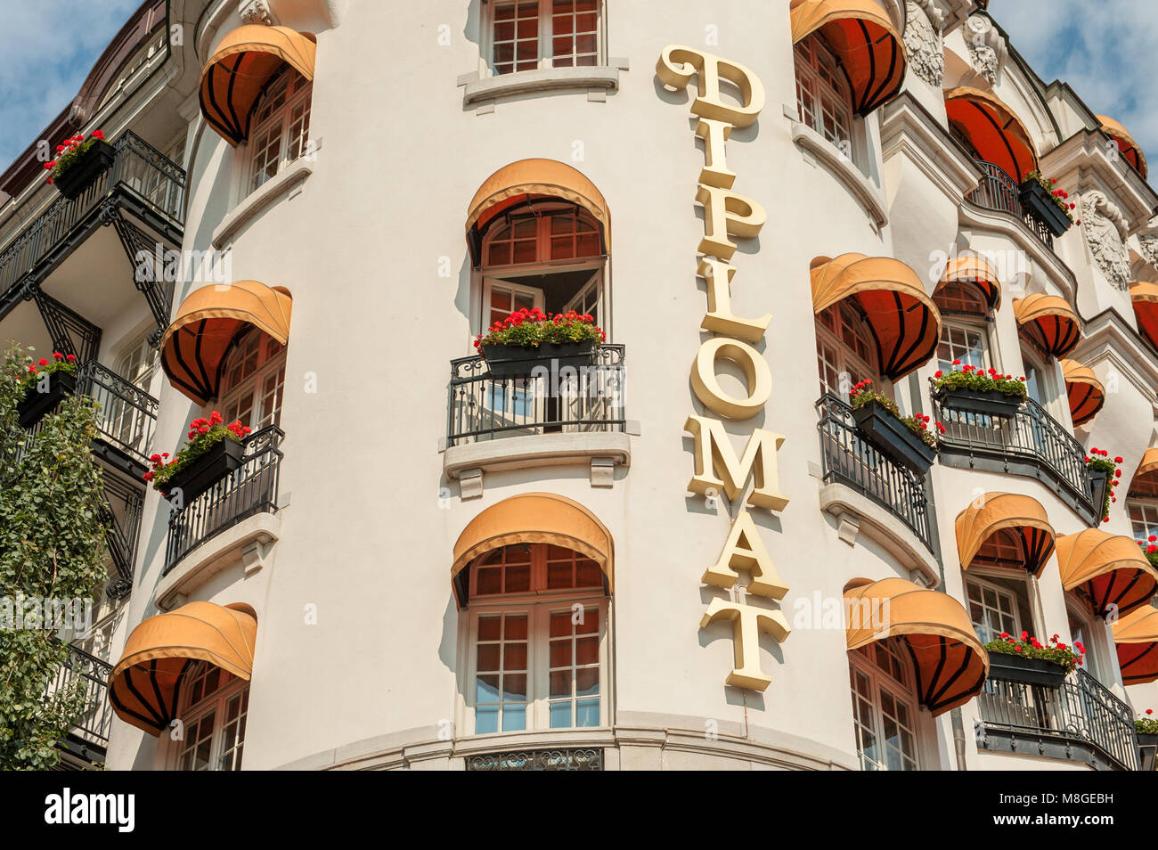 The exterior with awnings of Hotel Diplomat in Stockholm. This is a classic luxury waterfront hotel in fashionable residential area Ostermalm. Stock Photo