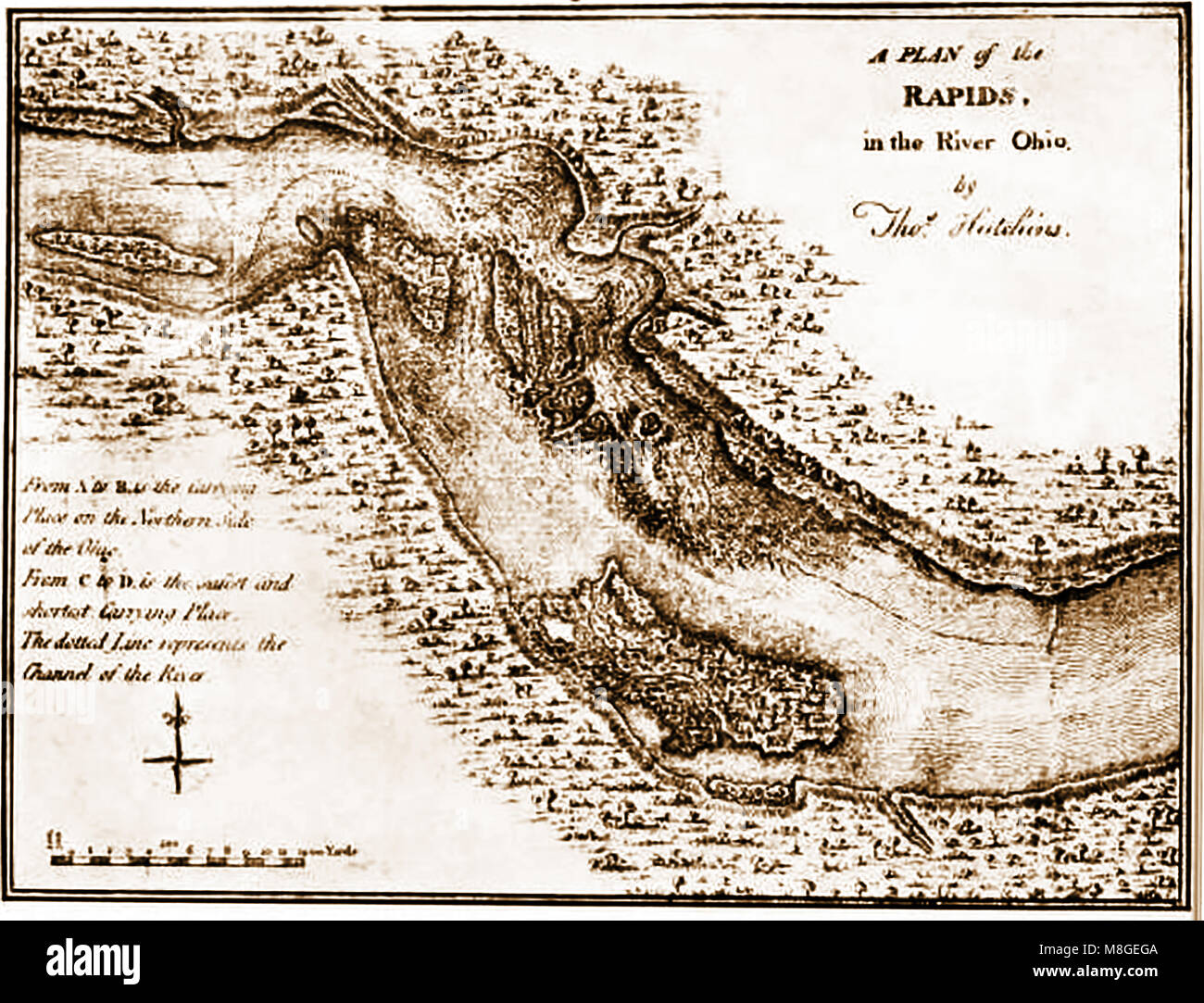 A map-plan of Ohio Falls as sketched by Thomas Hutchins, American military engineer, cartographer, geographer and surveyor, in 1766 (The only person to hold the post of Geographer of the United States' Stock Photo