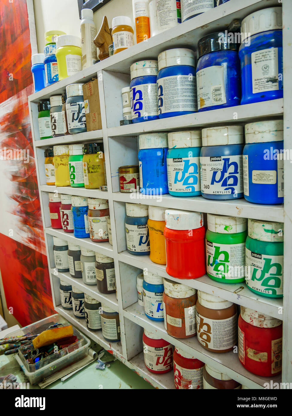 Mumbai, India March 9, 2018 Various colourful dye in containers in