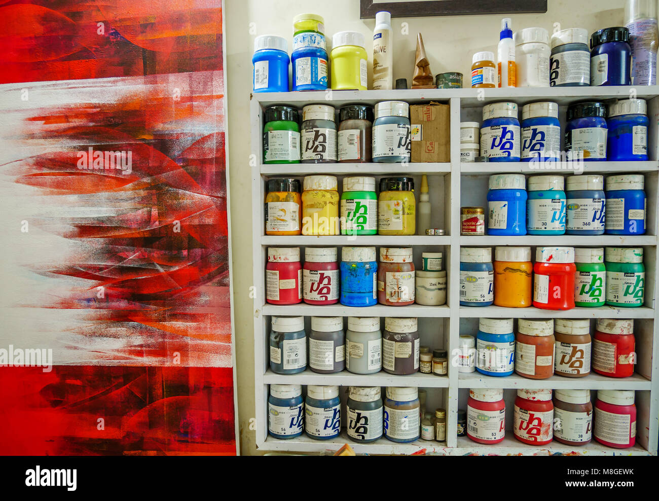 Mumbai, India March 9, 2018 Various colourful dye in containers in