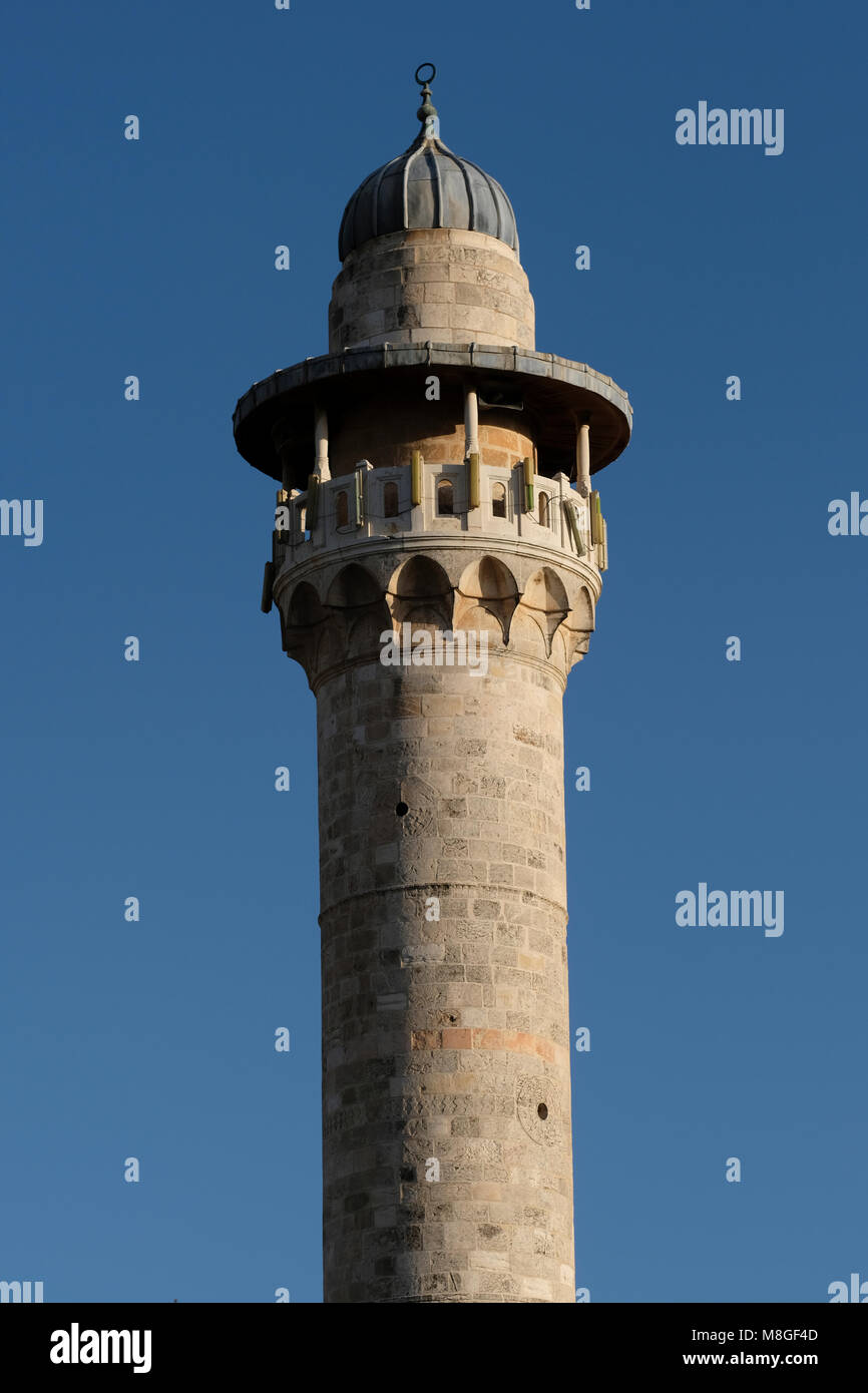 View of Minaret Bab al-Asbat built in 1367 one of the four minarets surrounding the Temple Mount known to Muslims as the Haram esh-Sharif and the Al Aqsa Compound in the Old City East Jerusalem Israel Stock Photo